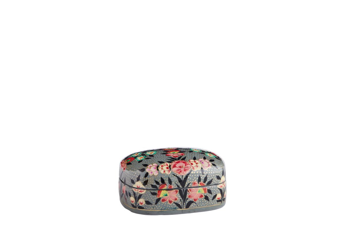 Floral-patterned papier-mache trinket box on a white background