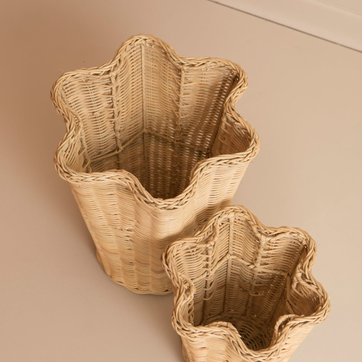 Overhead view of wavy rattan vases