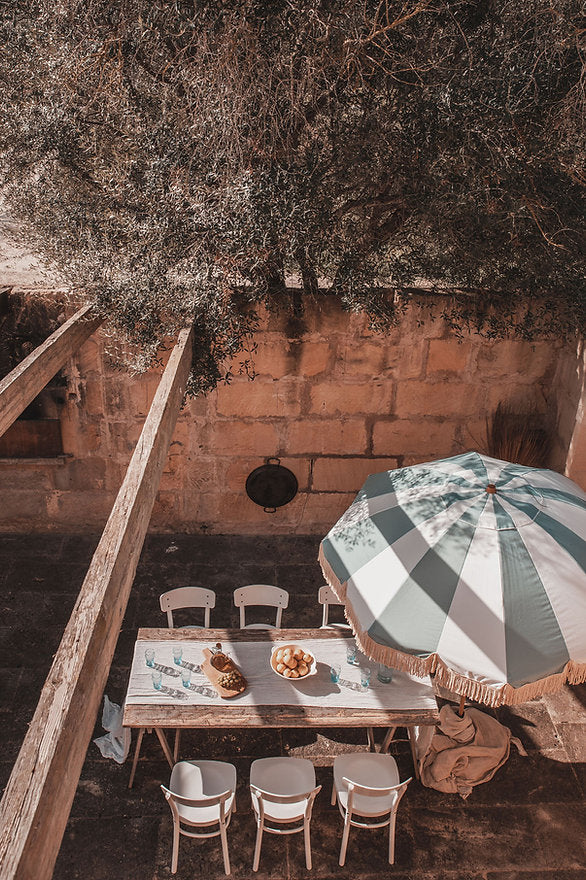 Large retro stripe parasol with fringe, pistachio
