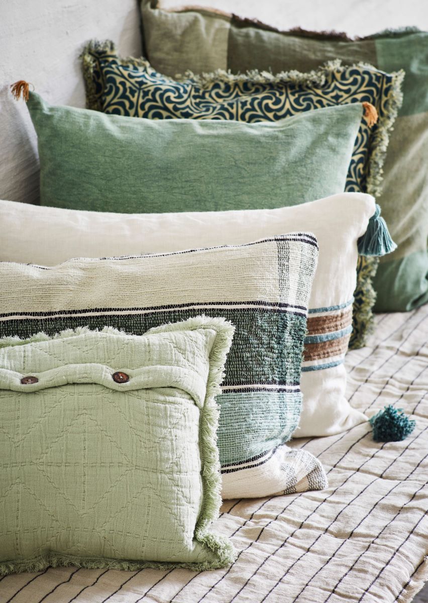 Teal Printed Cotton Cushion Cover With Fringes