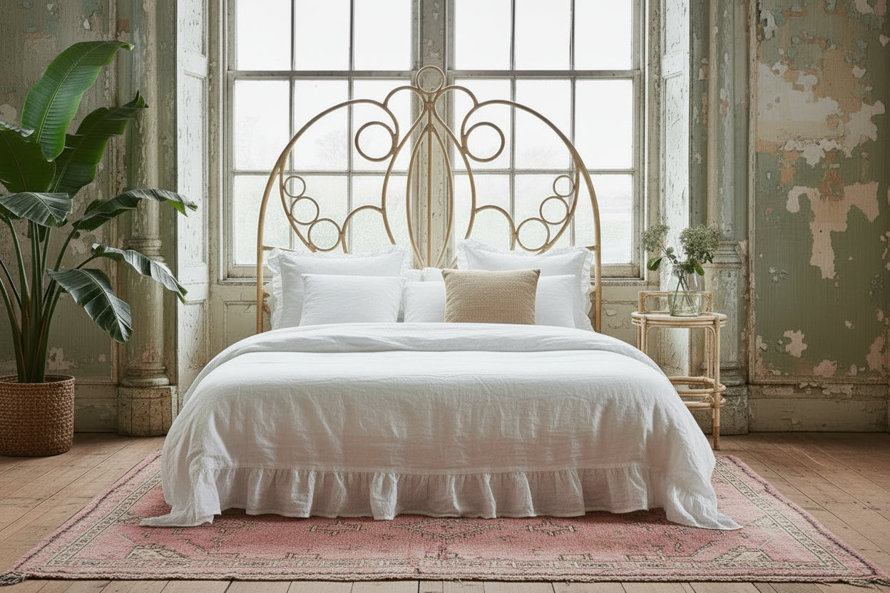Tall scrolled rattan headboard in a bohemian vintage style bedroom with old plastered walls, tall windows, vintage Morroccan rug, large green plant