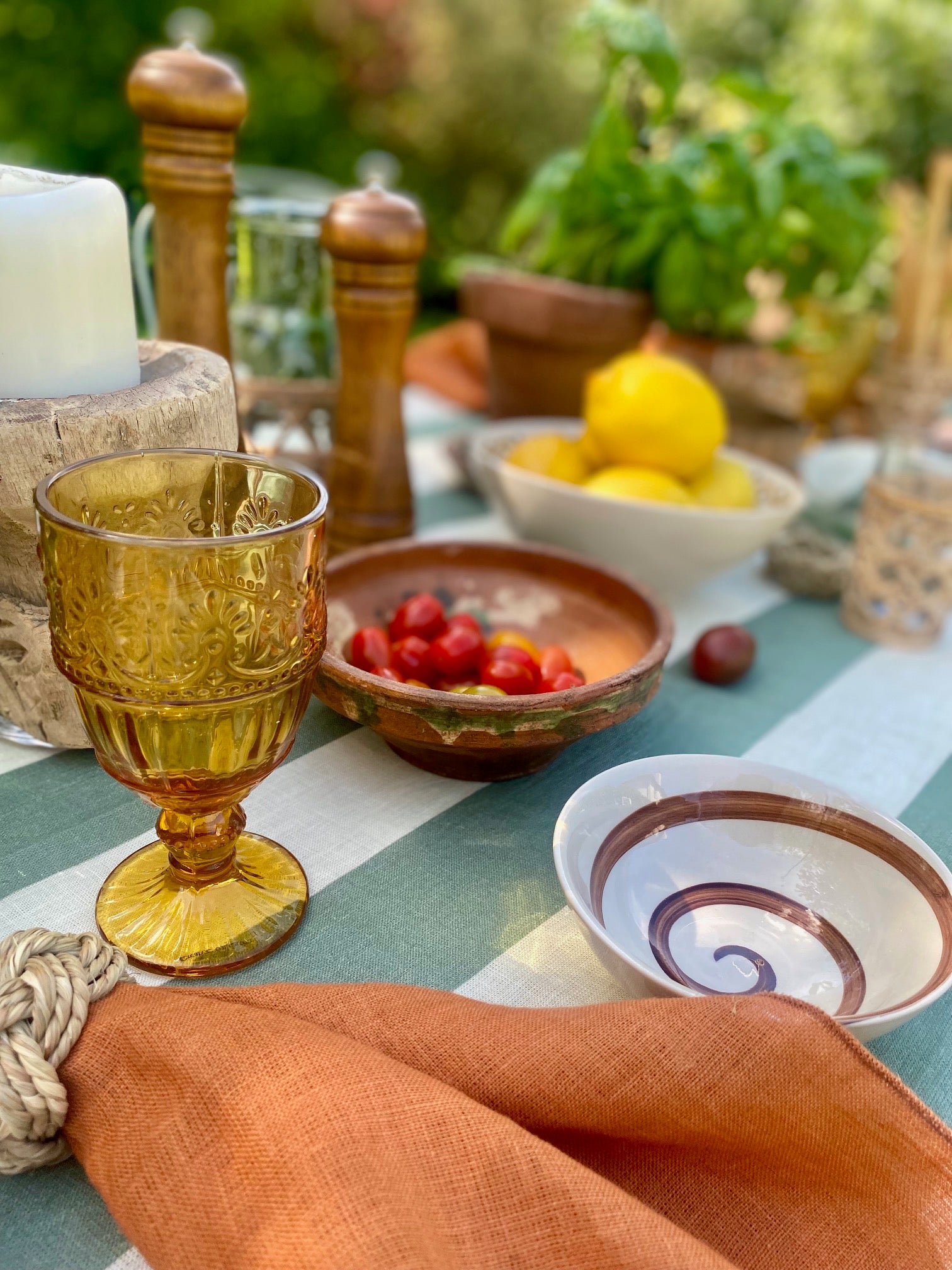 ochre embossed drinking glass with stem
