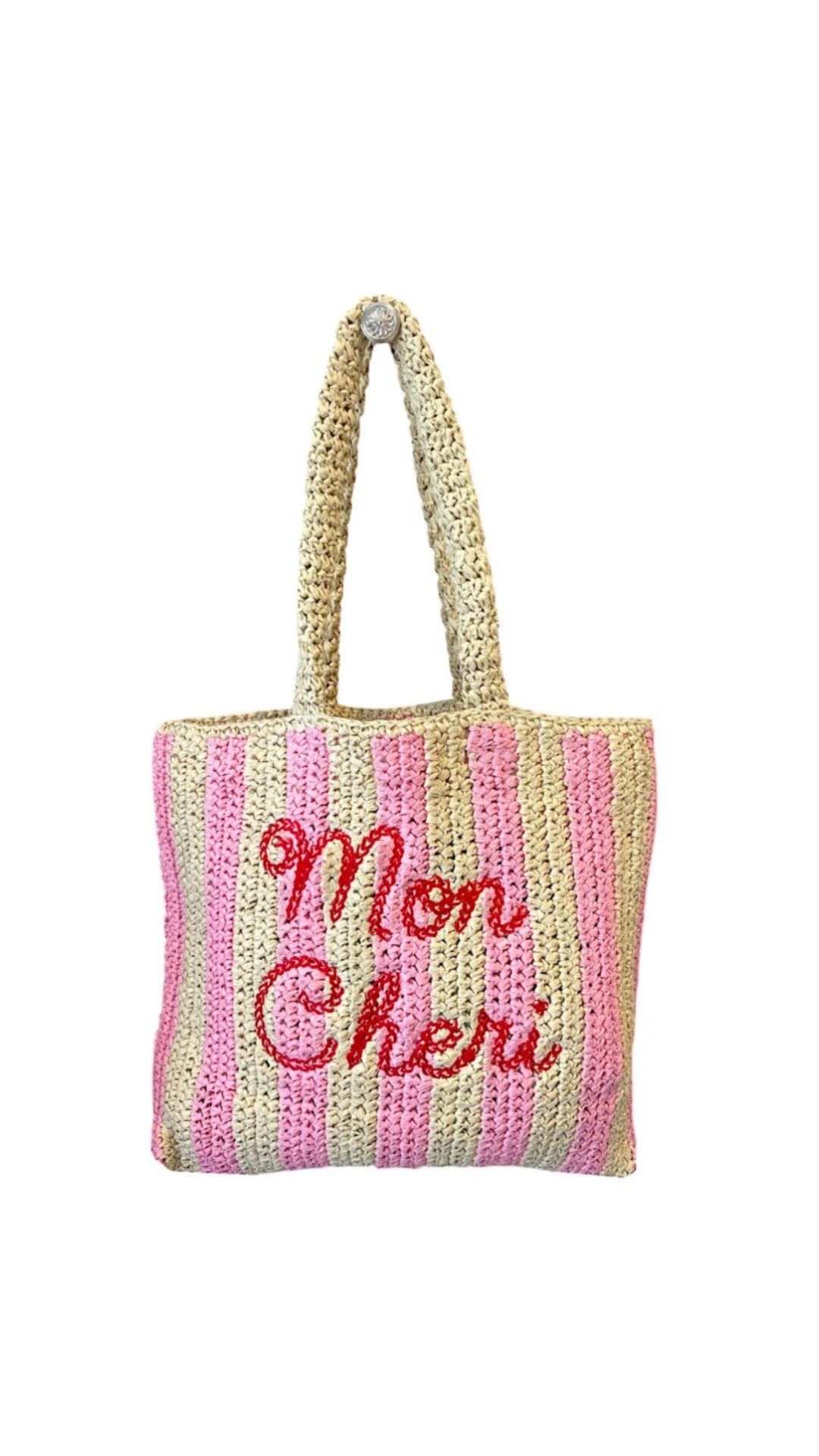 Pink straw beach bag with red embroidery