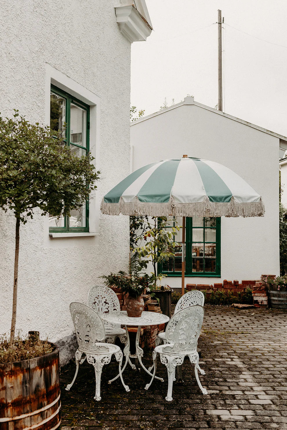Large Vintage Striped Parasol with Fringe, Pistachio