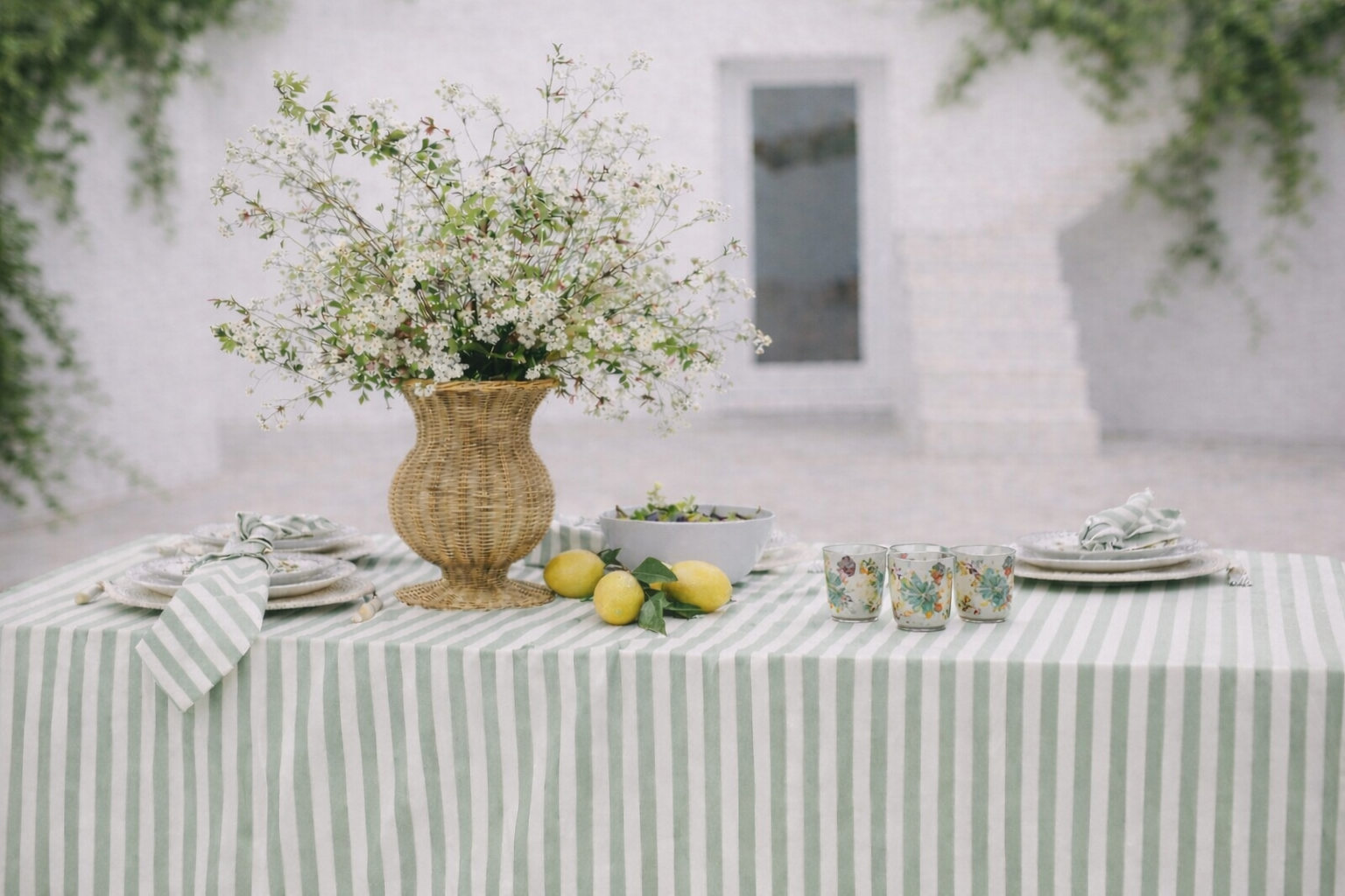 Table setting with a rattan urn of wild flowers, lemons, and pistachio striped tablecloth in a bright sunny courtyard