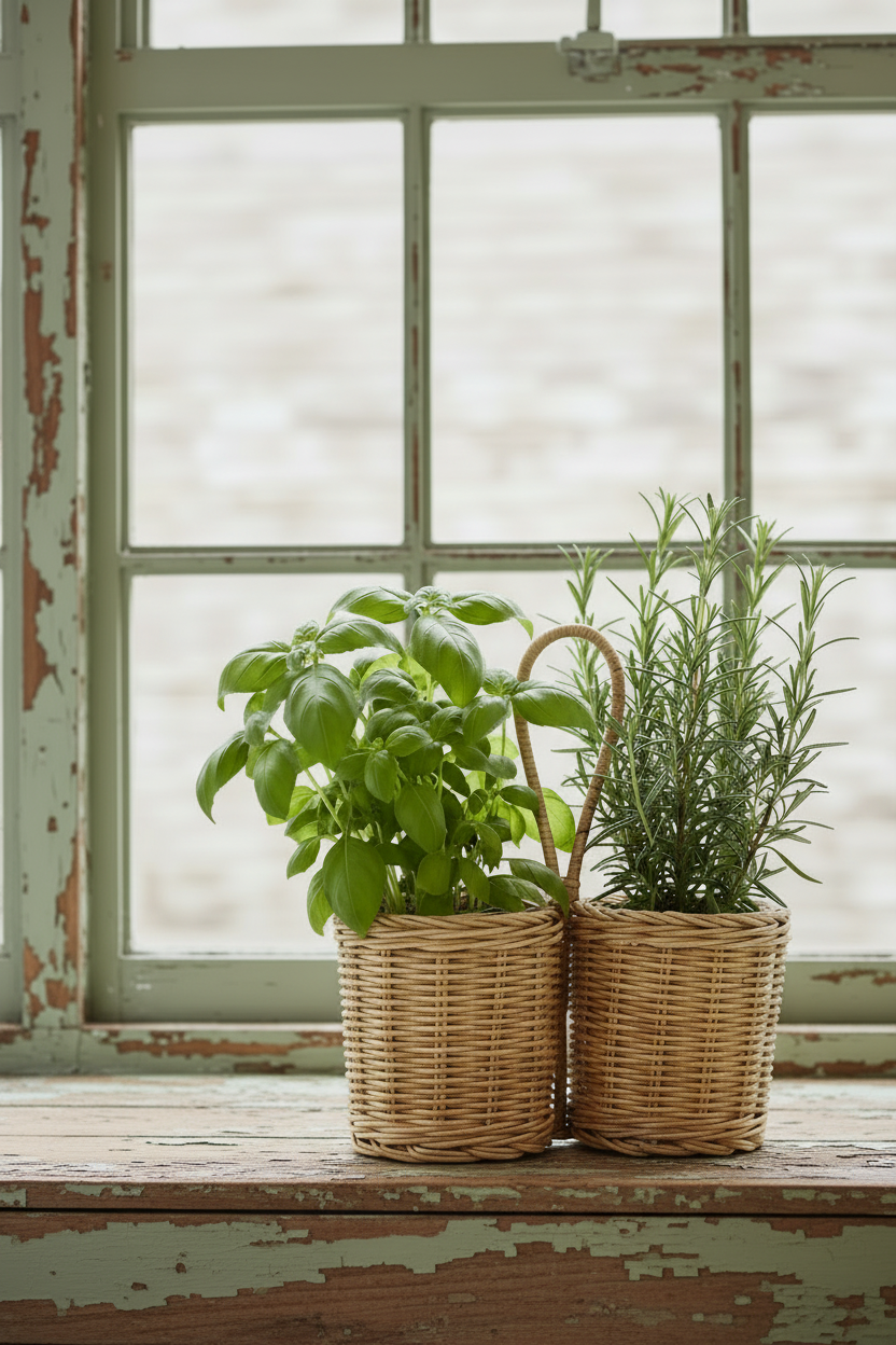 Rattan bottle holder with fresh herb plants on a rustic window sill