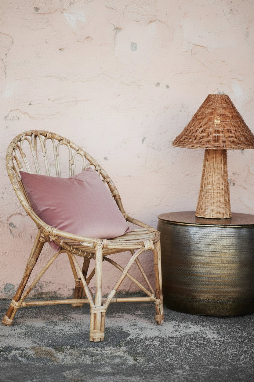 Rattan table lamp on table next to a wicker chair with dusky pink velvet cushion against old pink plaster wall