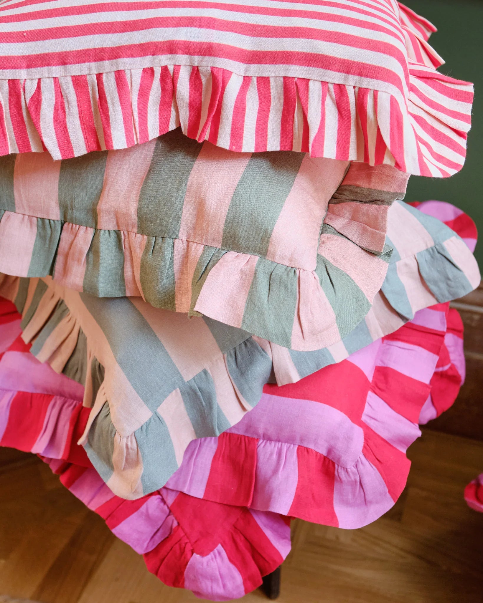 Sage and Blush Linen Stripe Ruffle Cushion Cover, Amuse La Bouche