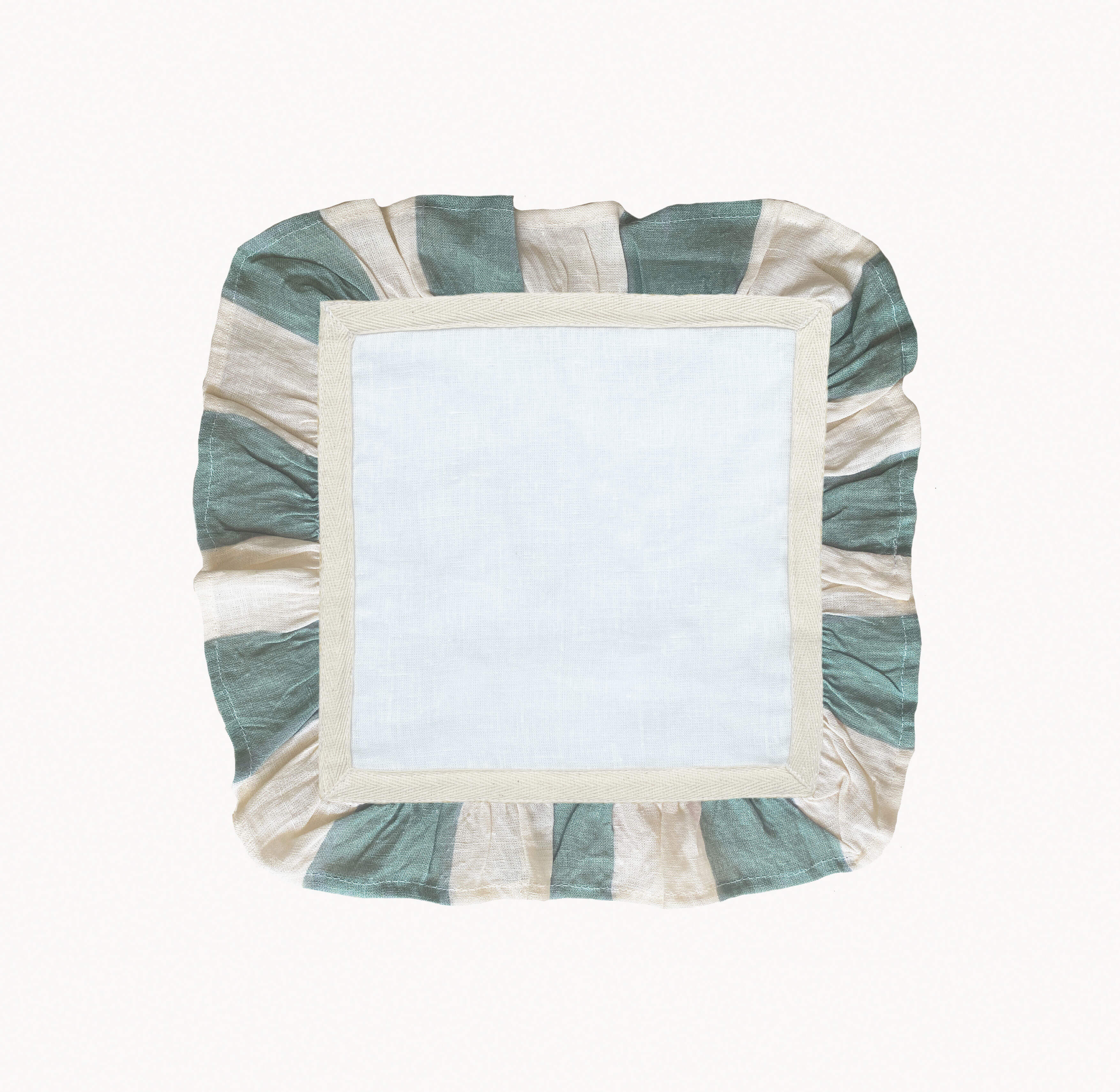 A square linen napkin with wide green and beige striped ruffled edge on a white background.