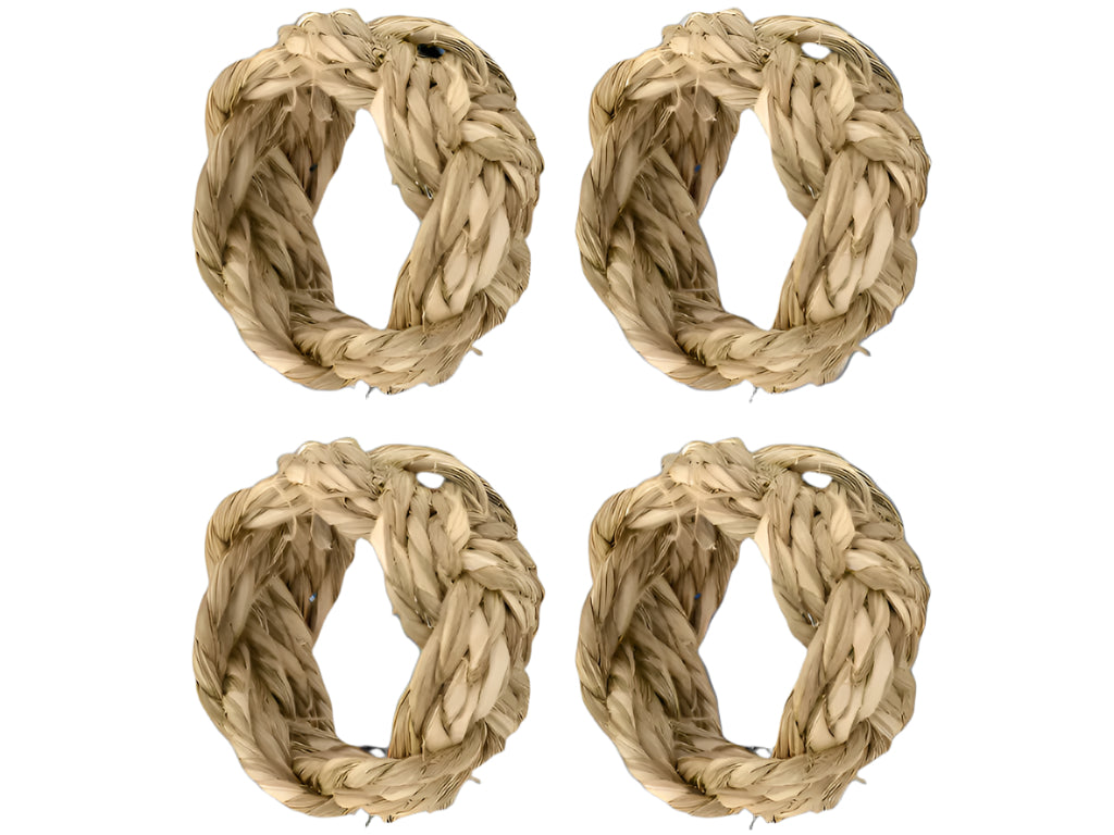 A set of four handwoven seagrass napkin rings displayed against a white background.