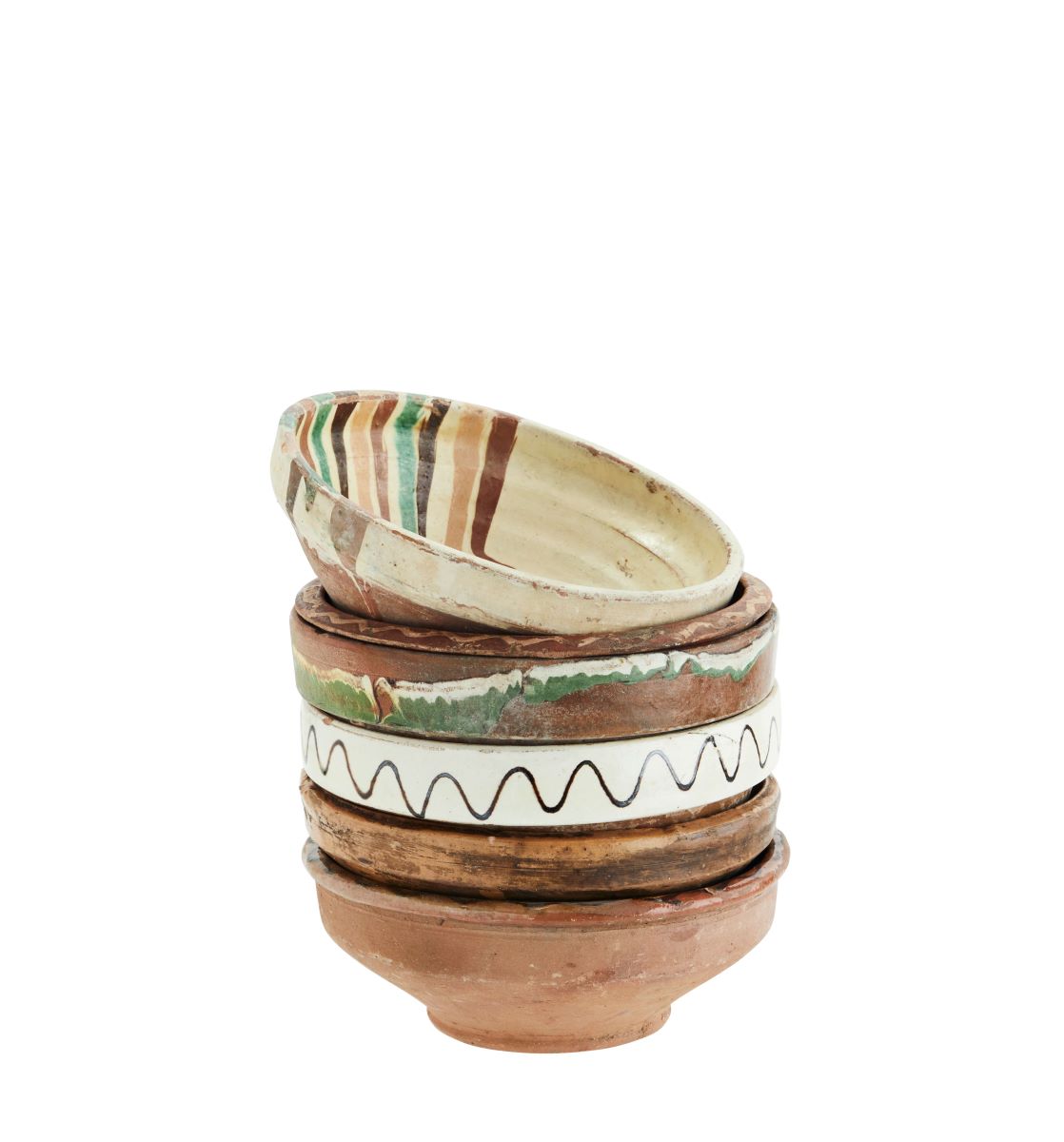 Side view of a stack of vintage painted terracotta bowls
