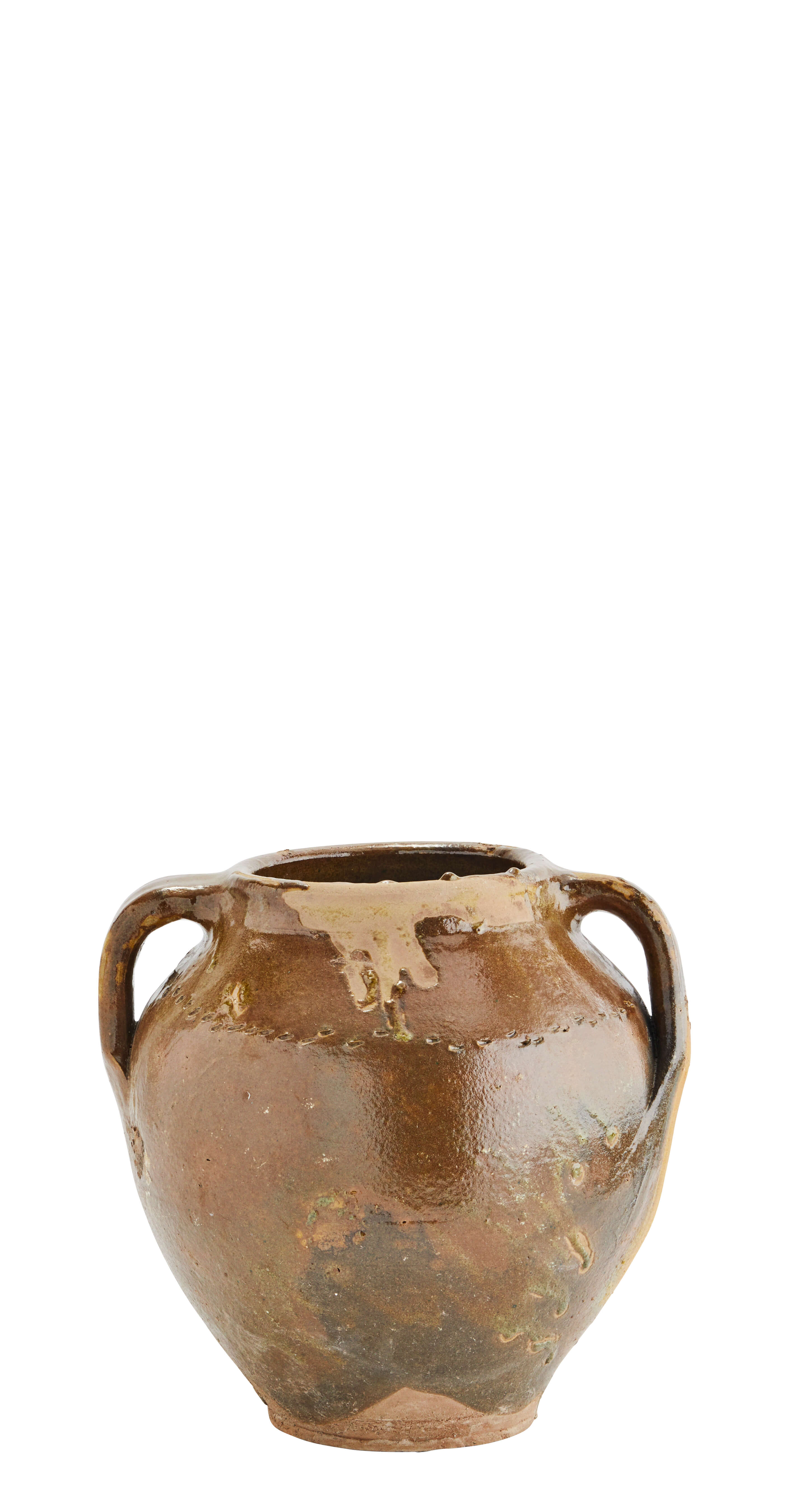 Vintage stoneware vessel with handles with aged timeworn patina on white background
