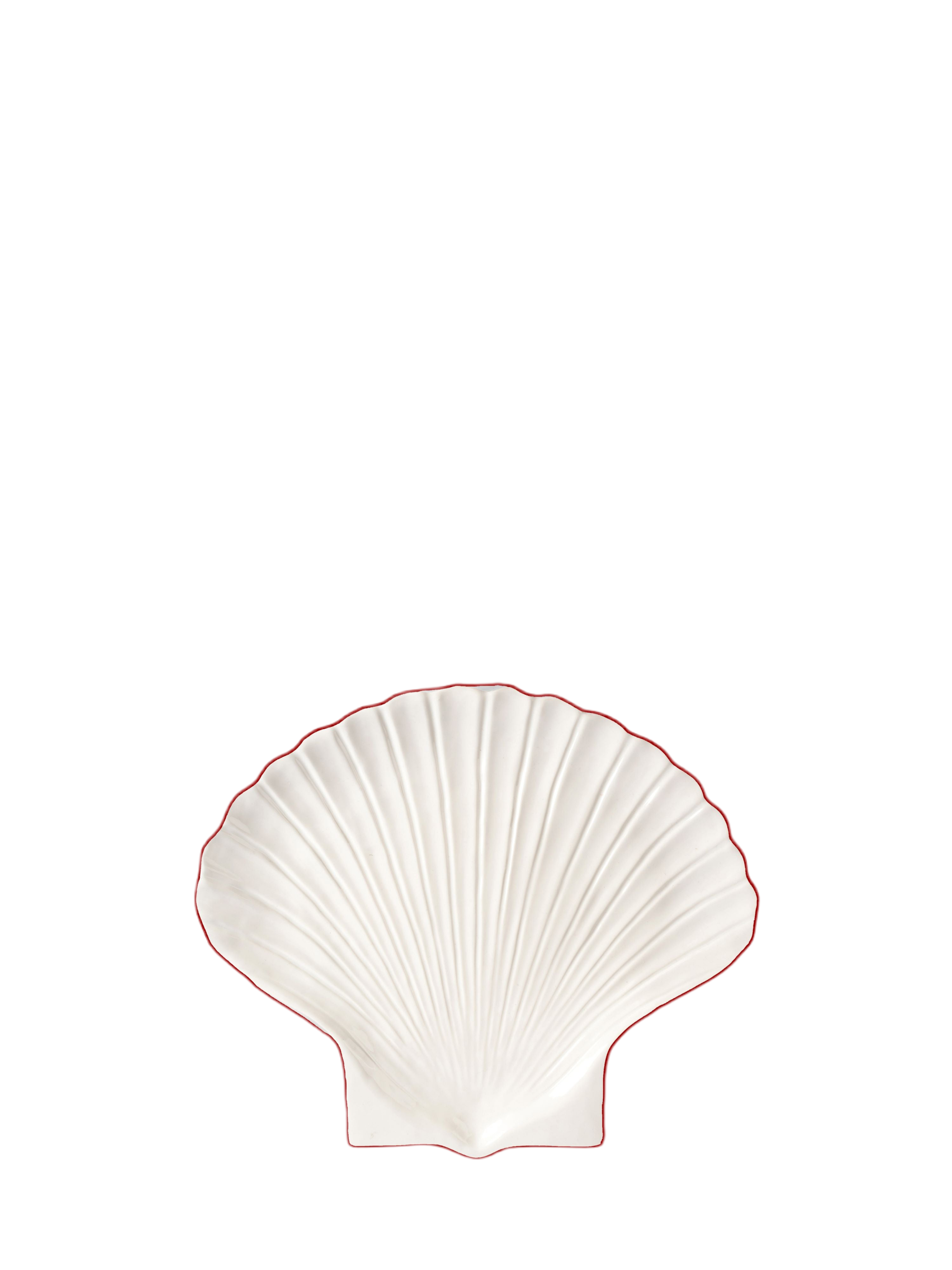 A glossy white shell-shaped plate with red outline and a central red dot, designed for serving berries or sweets.