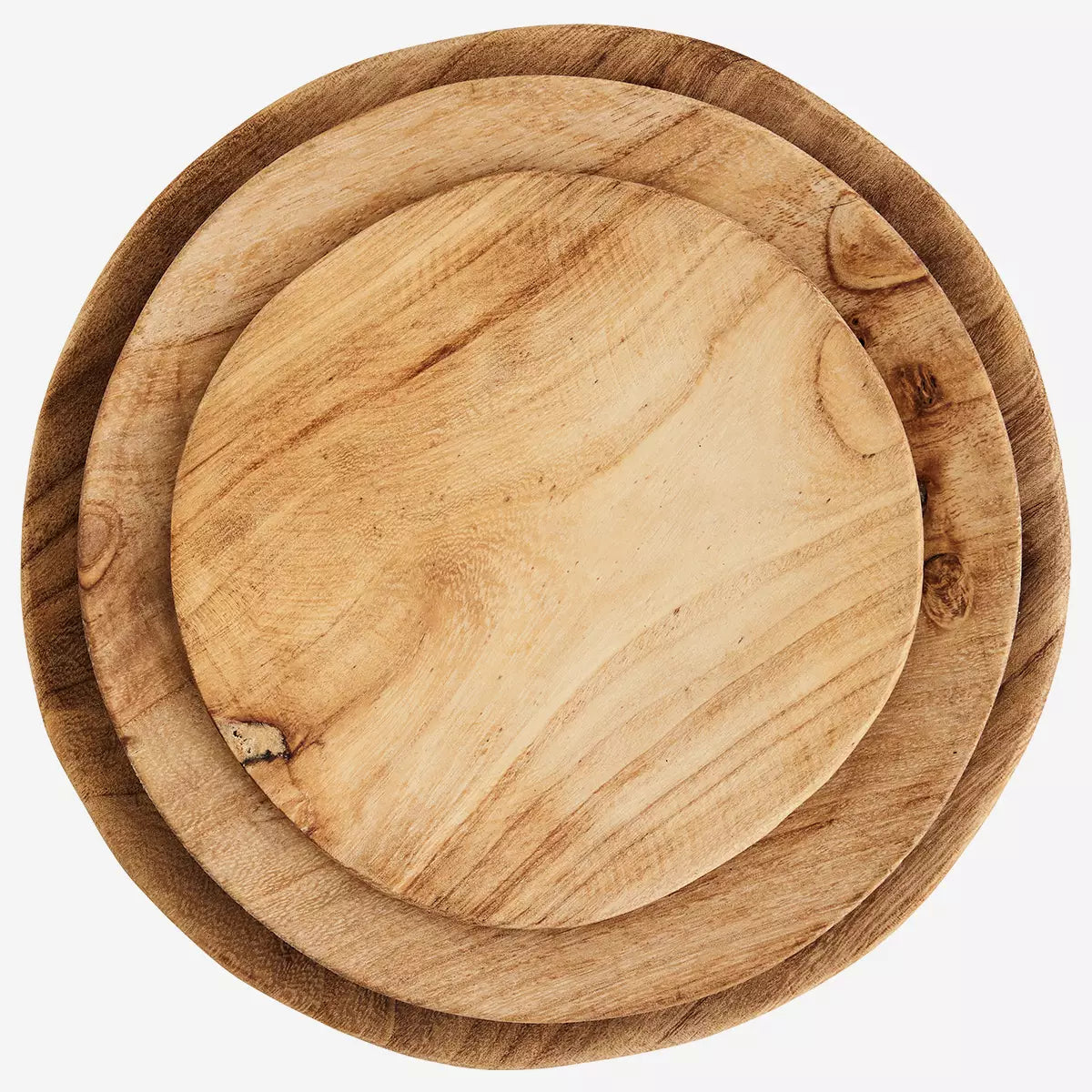 Overhead view of a stack of wooden plates