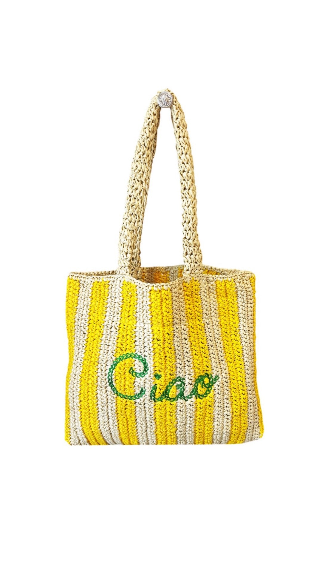 Yellow straw beach bag with green embroidery