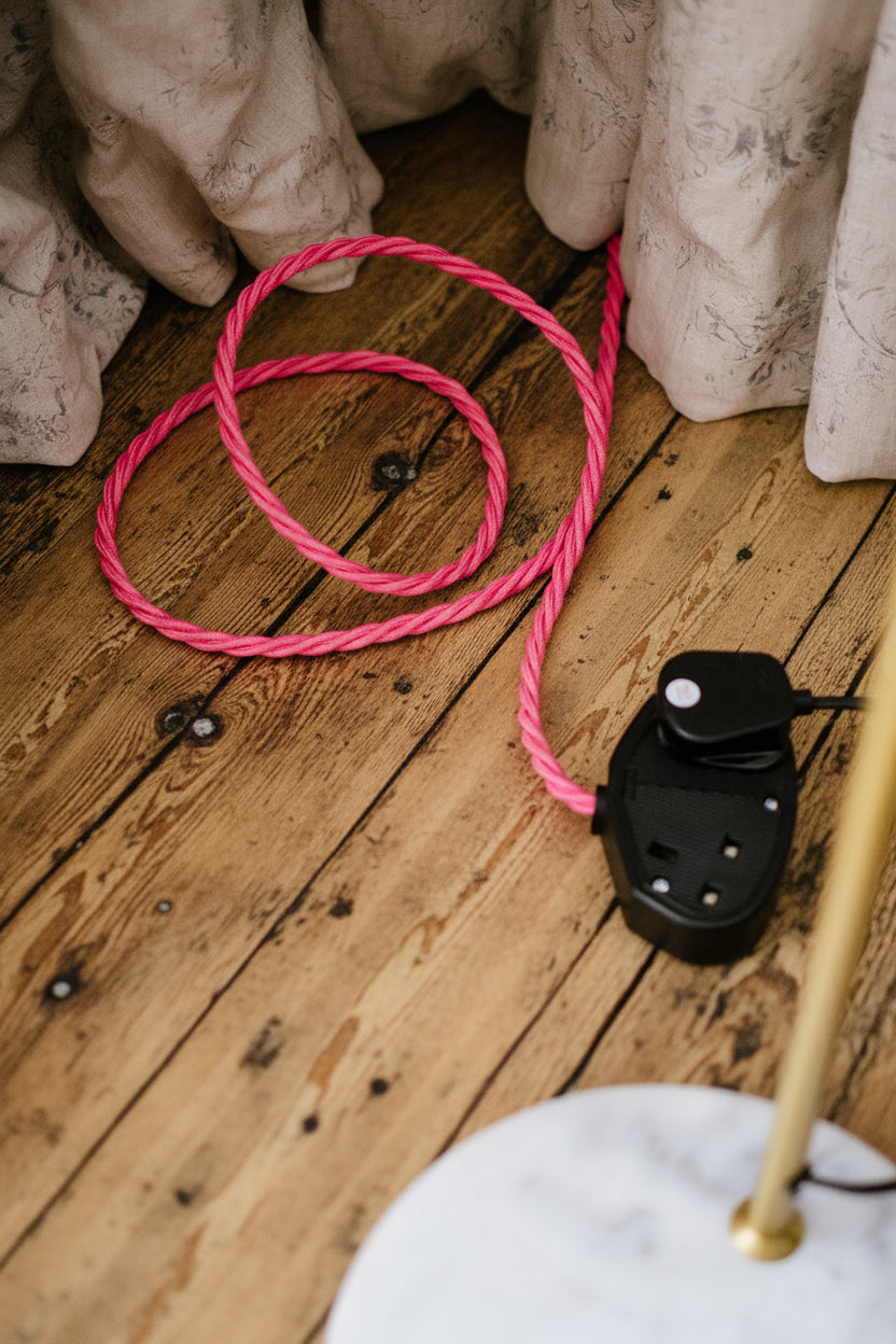A vintage braided extension lead in cerise pink color, displayed on a wood floor, with a black double socket outlet.