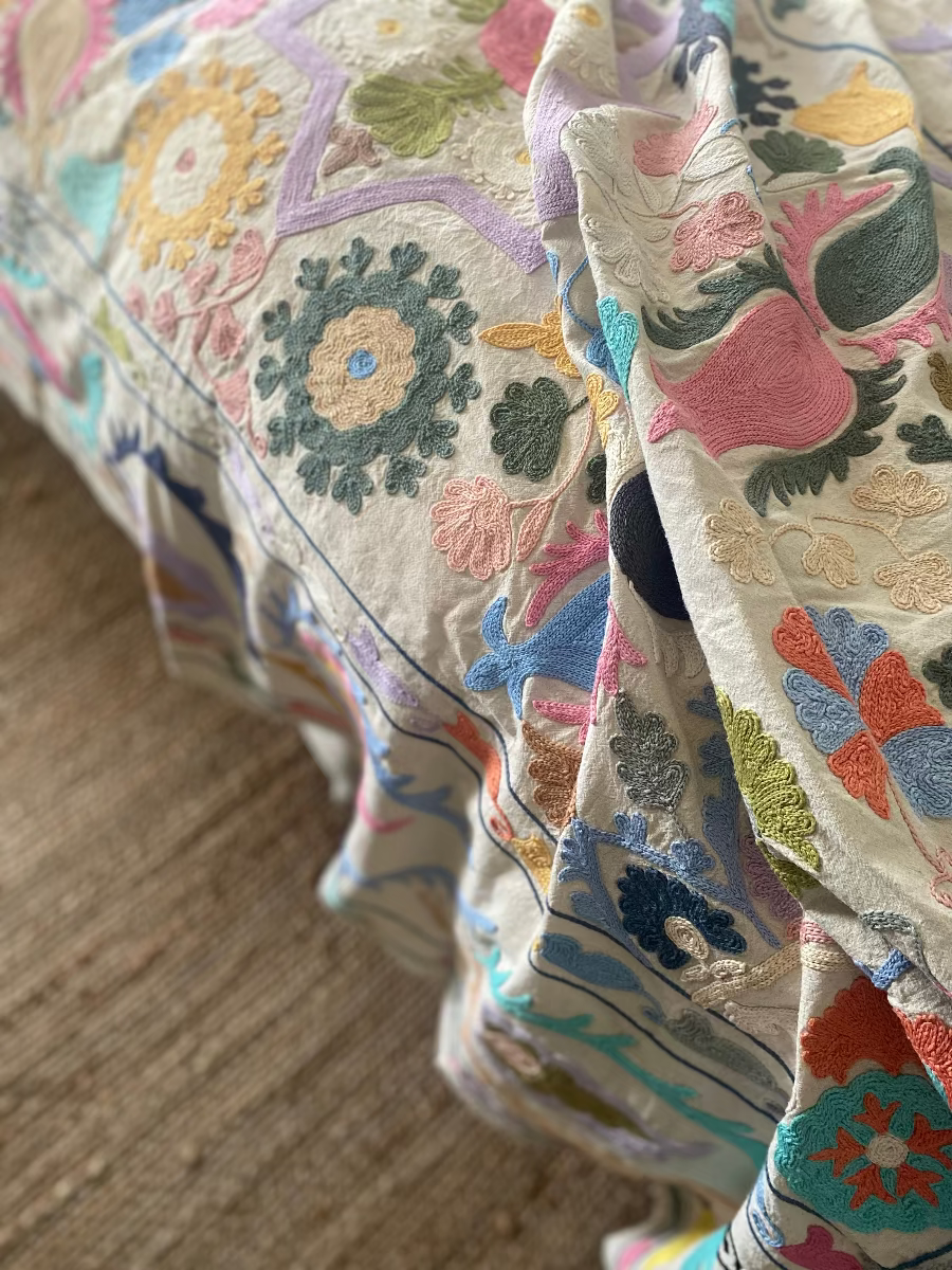 Detail shot of intricate embroidery of Suzani textile from India