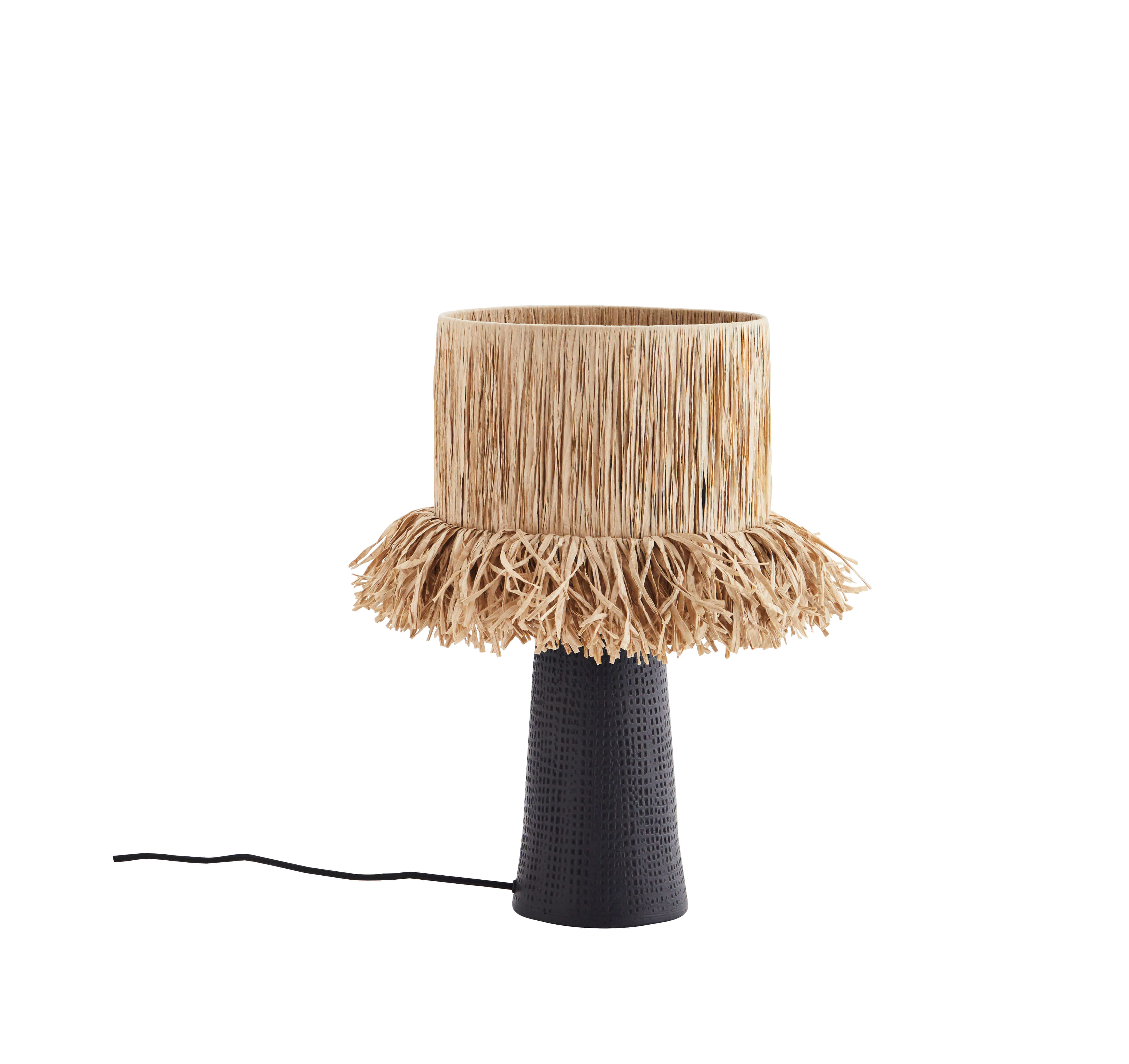 Textured black lamp base with raffia shade on white background