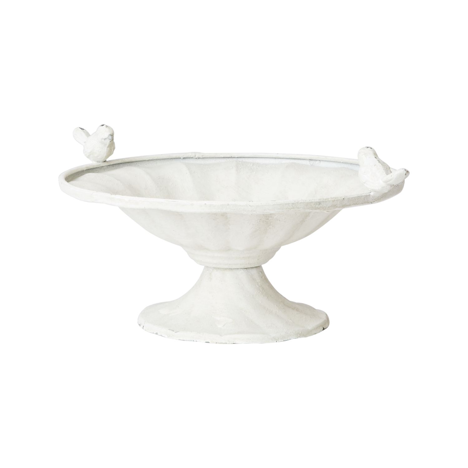 Distressed white metal bird bath at Amber + WIllow