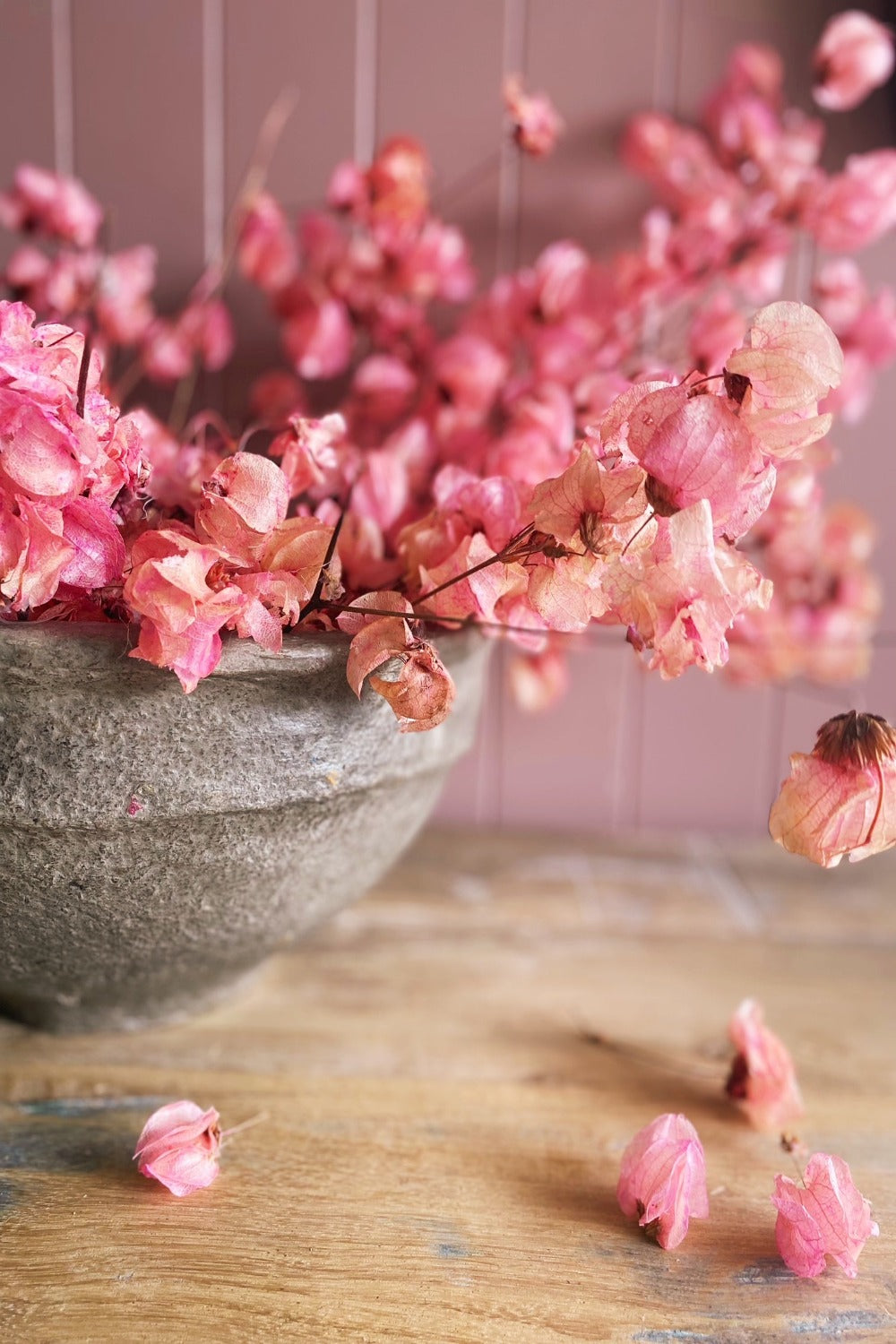 Close up detail of grey papier mache bowl with bright pink dried bougainvillea stems