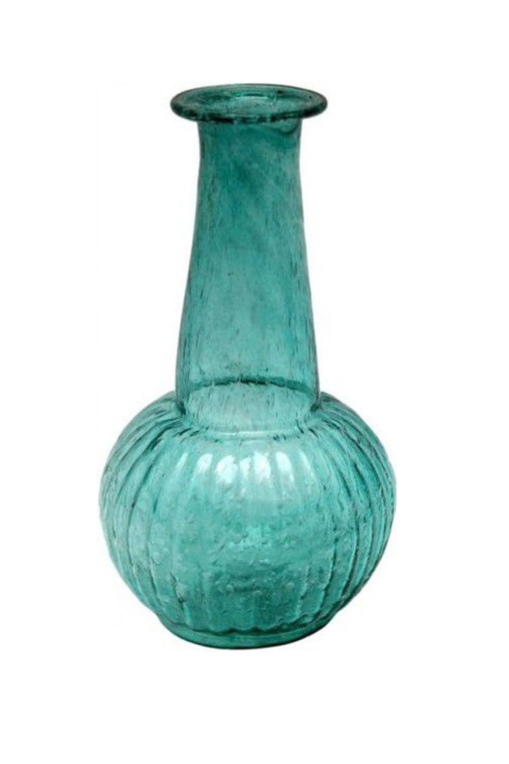 A sea green recycled glass vase with a narrow neck and wider base, showing a ribbed texture.