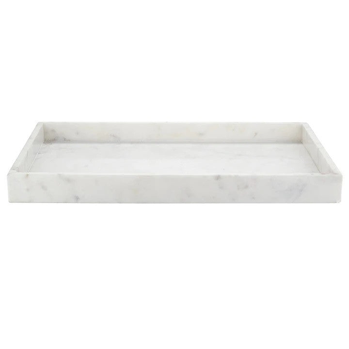 Front view of white marble tray on white background