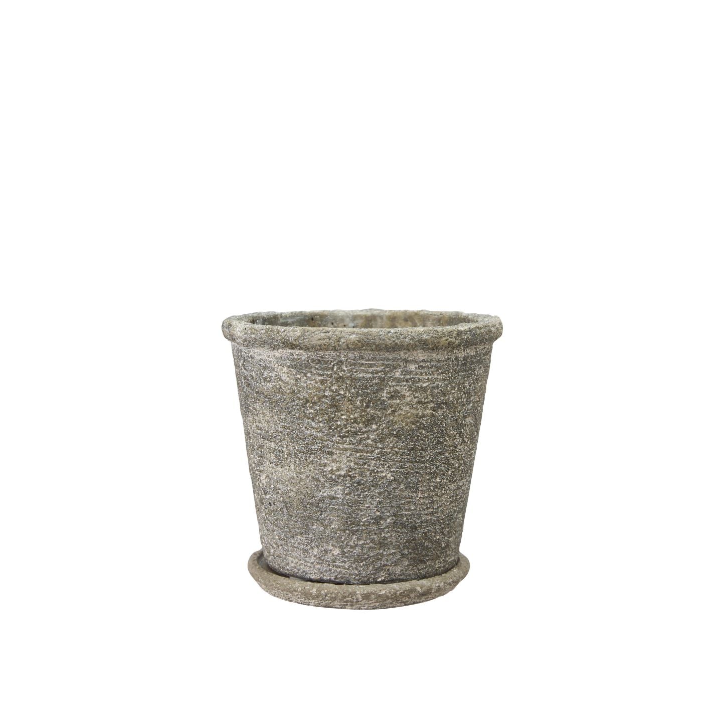 An antique grey concrete pot with a saucer, suitable for gardening on white background