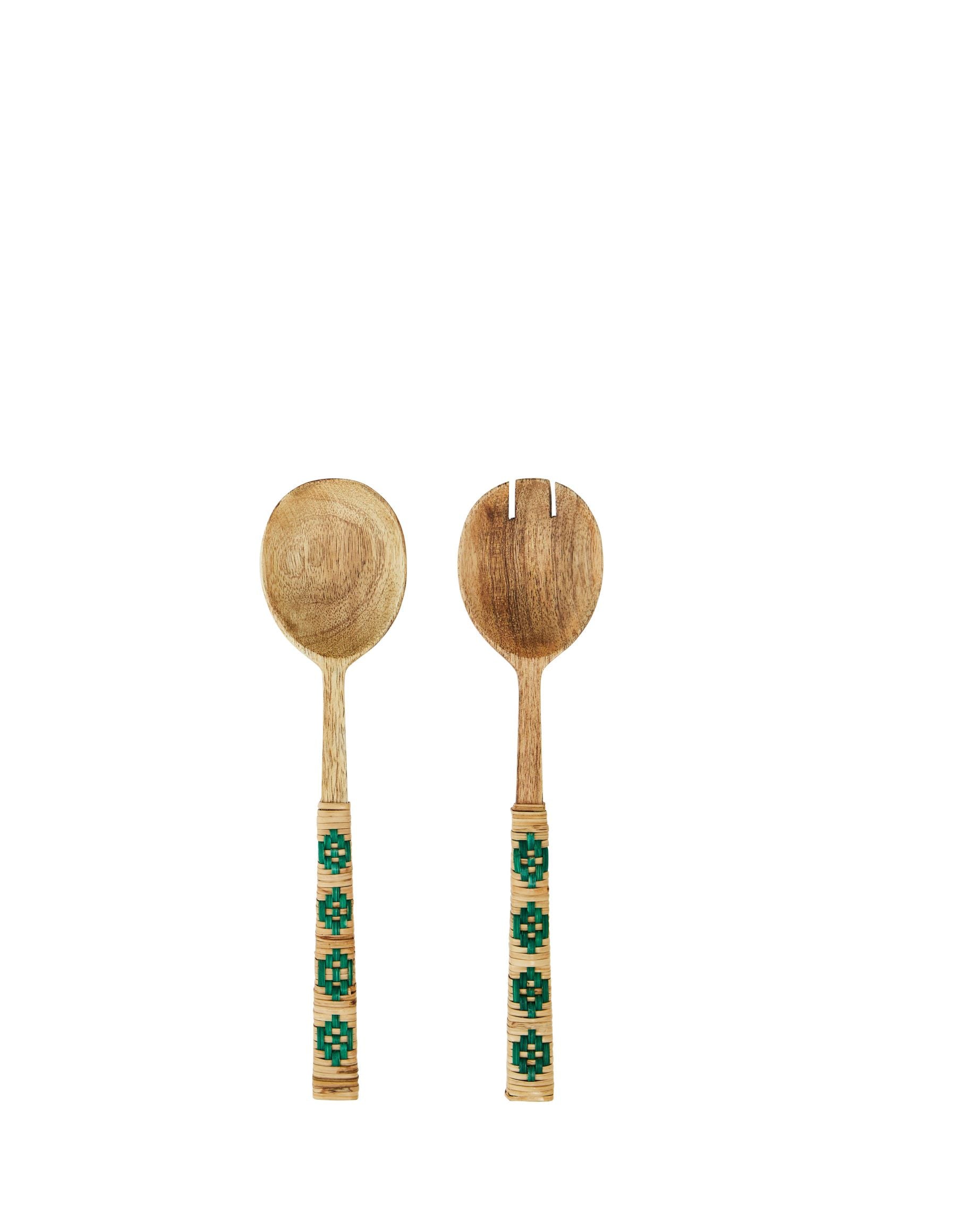 A pair of bamboo salad servers with green decorative elements on the handles, isolated on a white background.