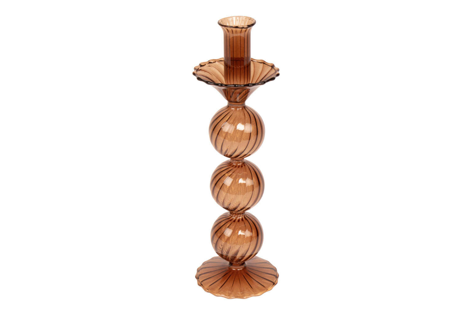 Brown glass candleholder with stacked design on white background
