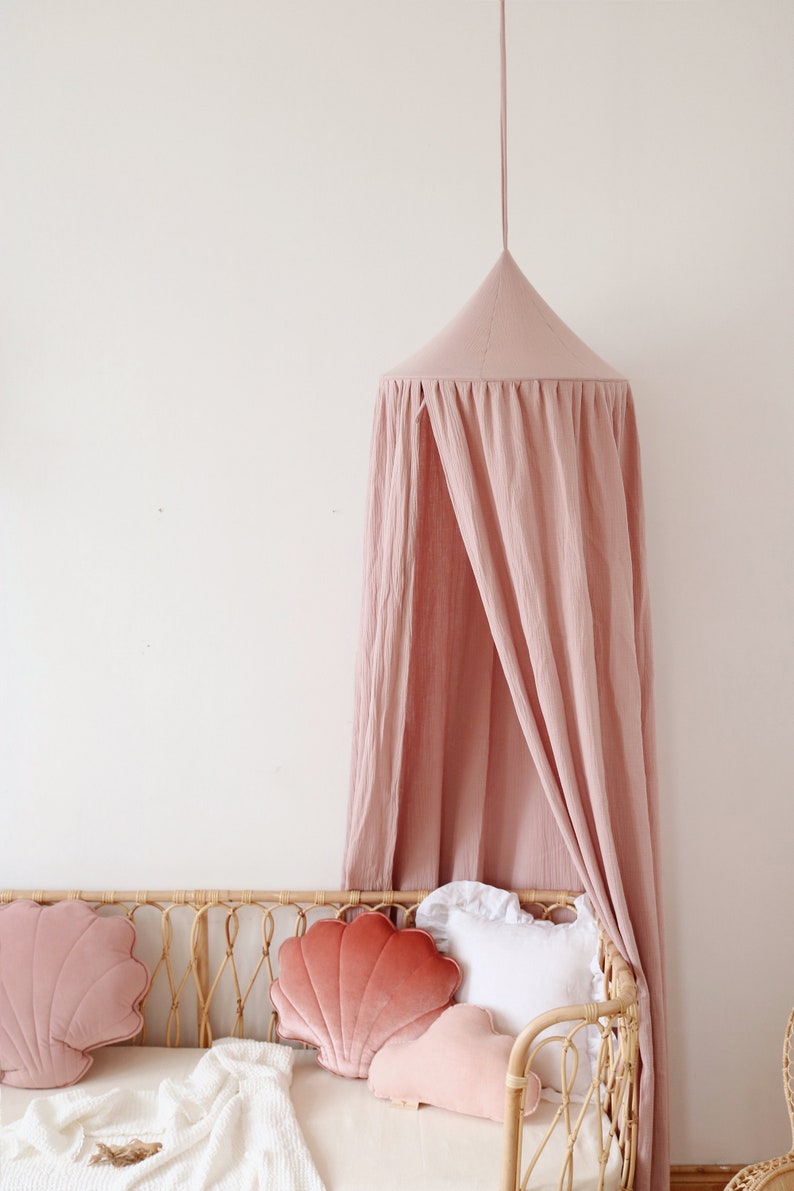 cotton bed canopy, blush