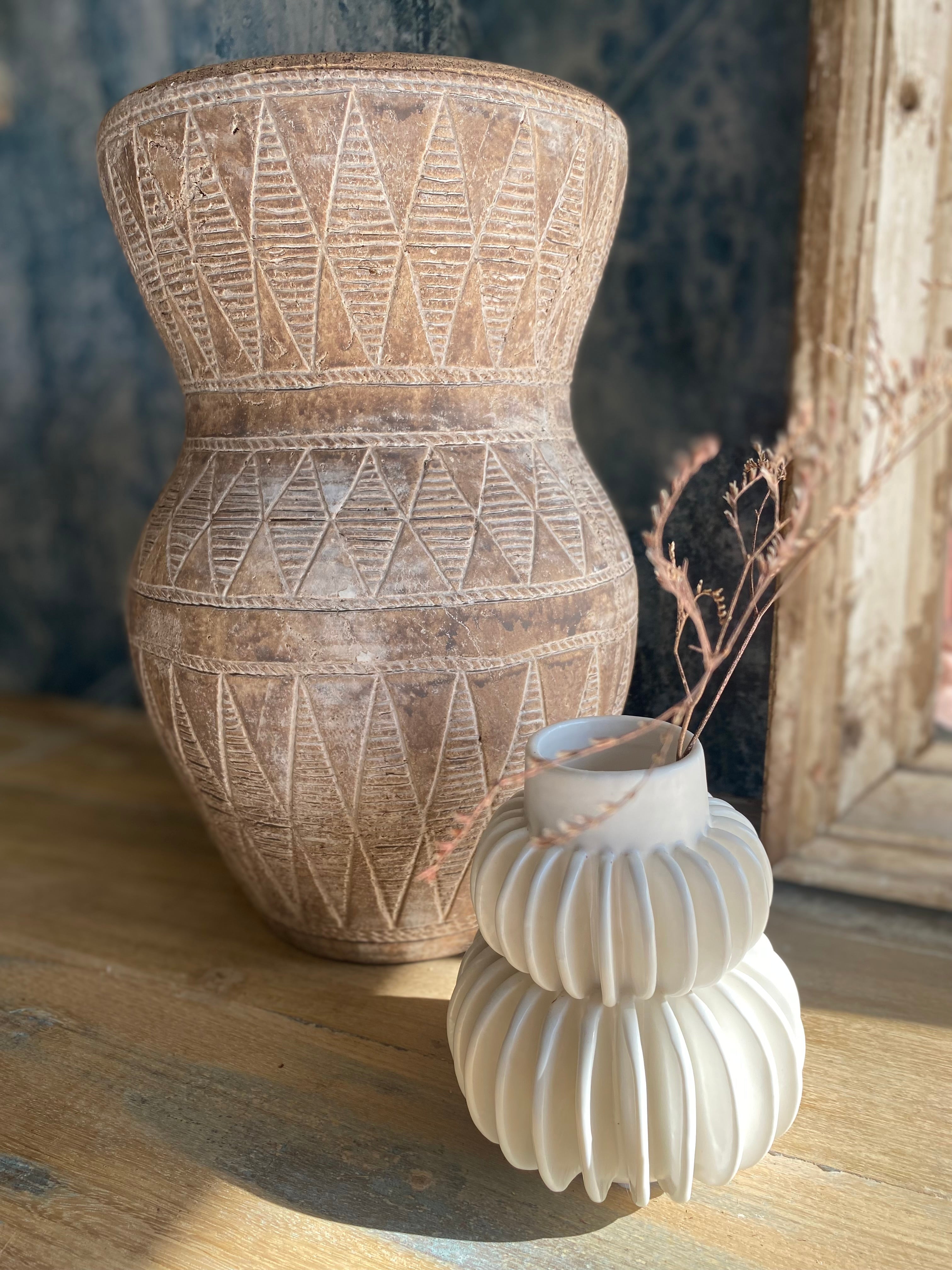 Handmade Terracotta Vase with Etched Geometric Pattern - Amber + Willow
