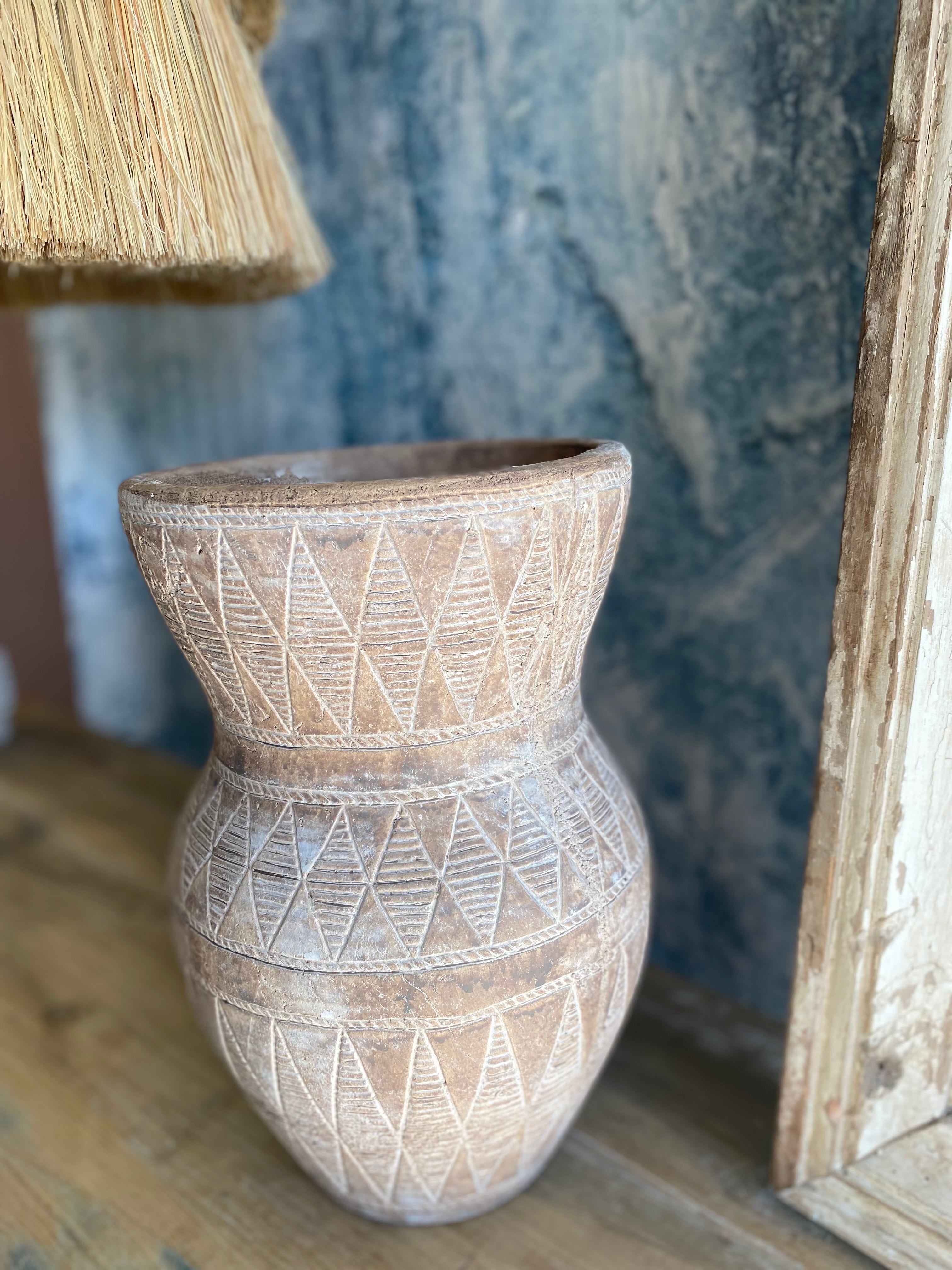 Handmade Terracotta Vase with Etched Geometric Pattern - Amber + Willow