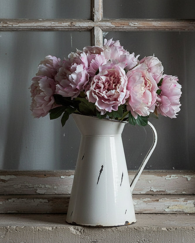 Pink peony stems in white metal pitcher with sash window in background