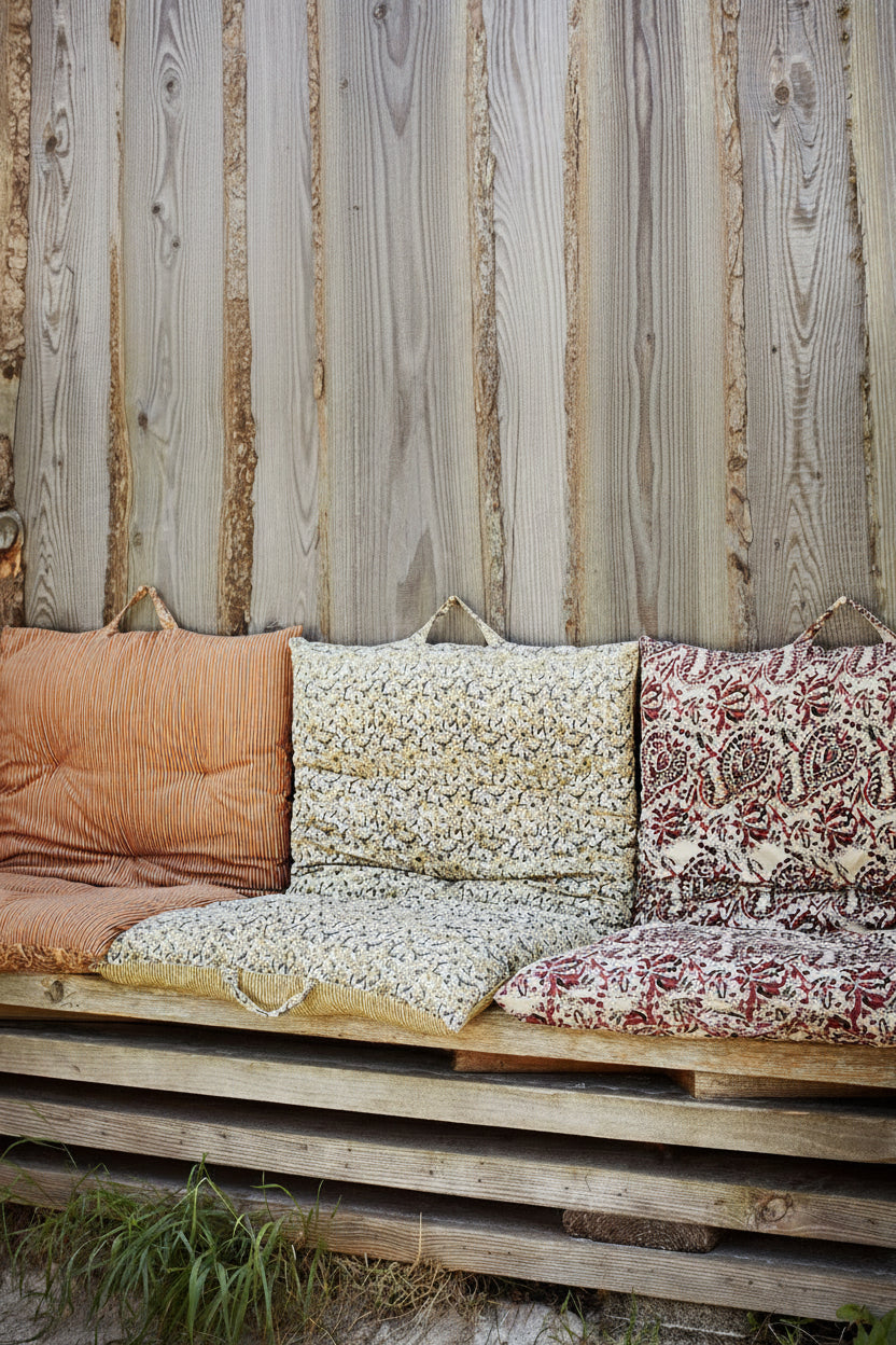 Rustic pallet bench with bohemian block printed patterned mattresses in different colours and prints placed on top.