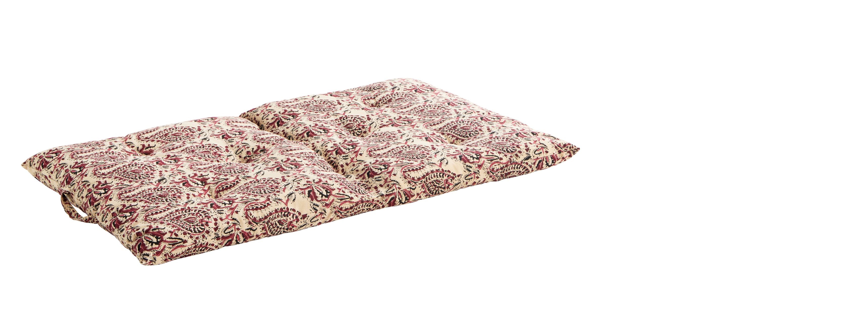 Block print floral cotton mattress in raspberry, beige and black tones on white background