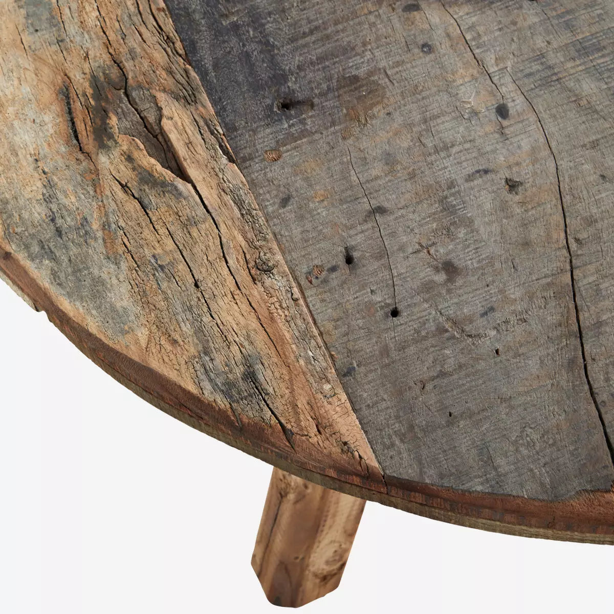 Close up view of reclaimed wood coffee table