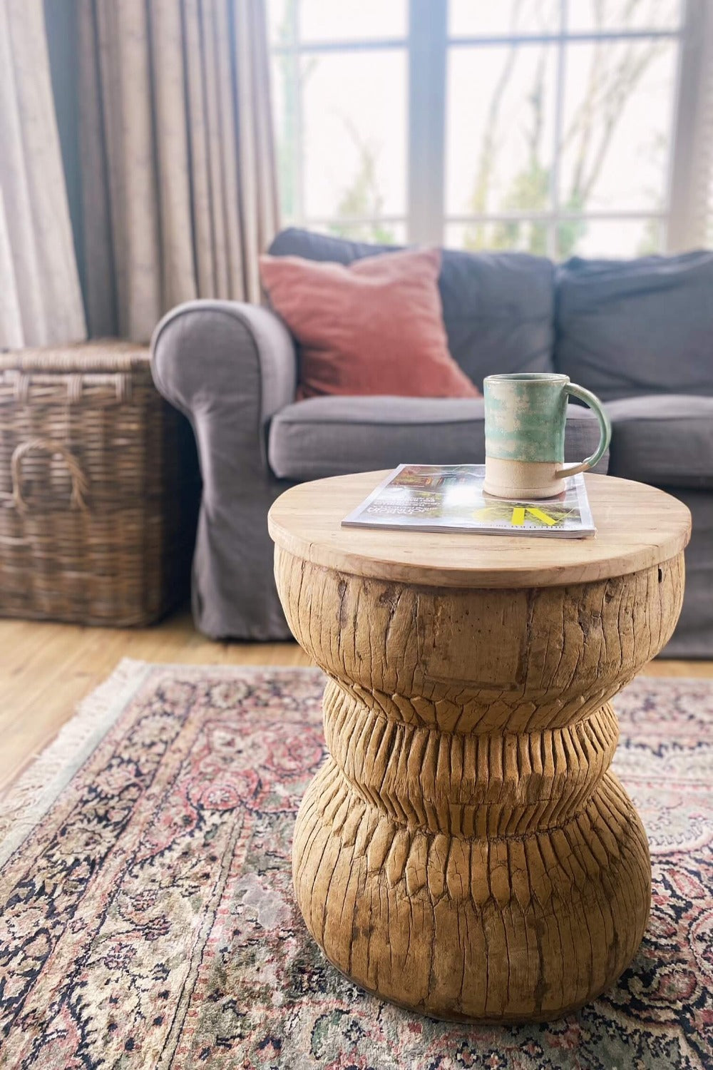 Reclaimed wood stool in living room