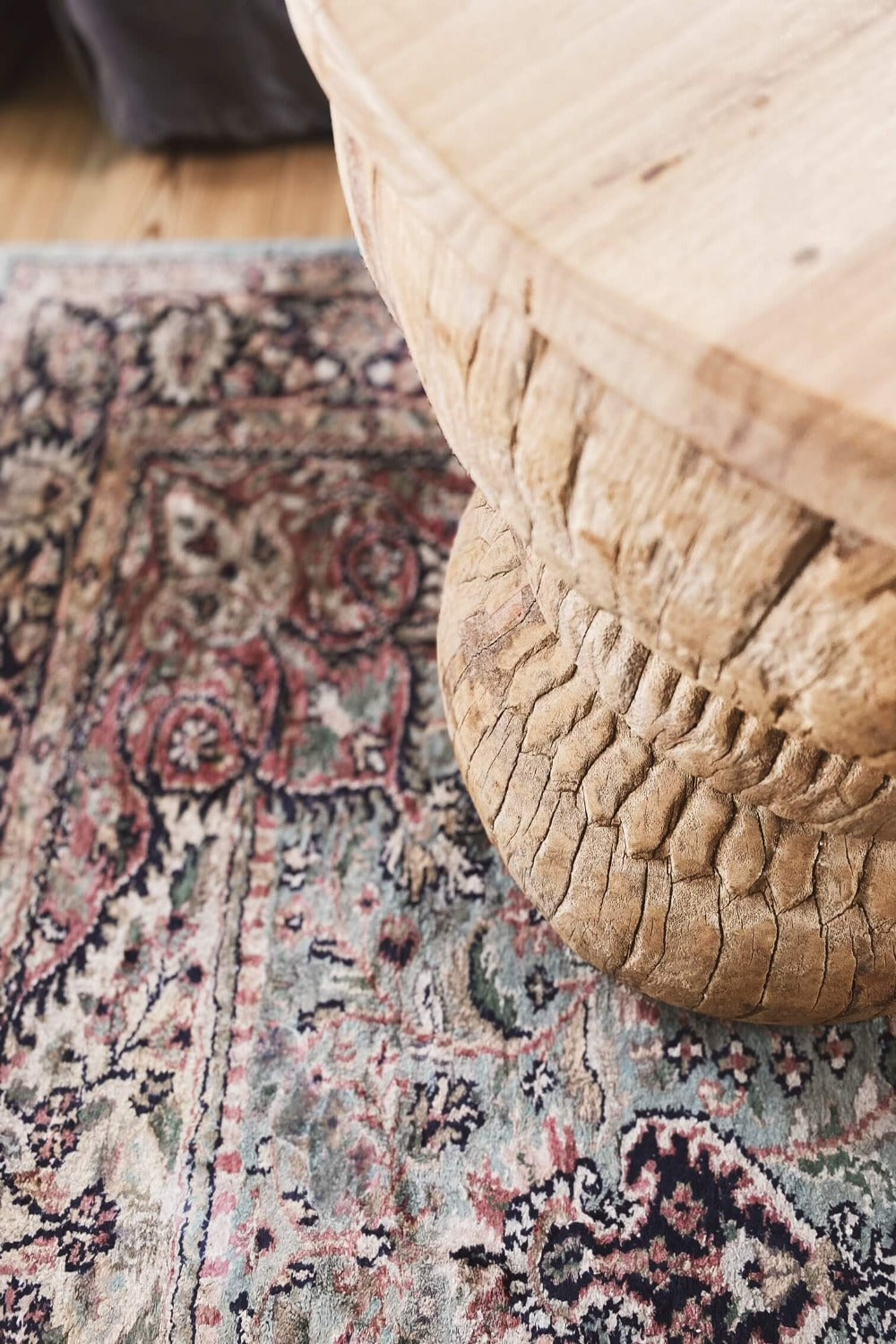 Close up detail of reclaimed wood stool
