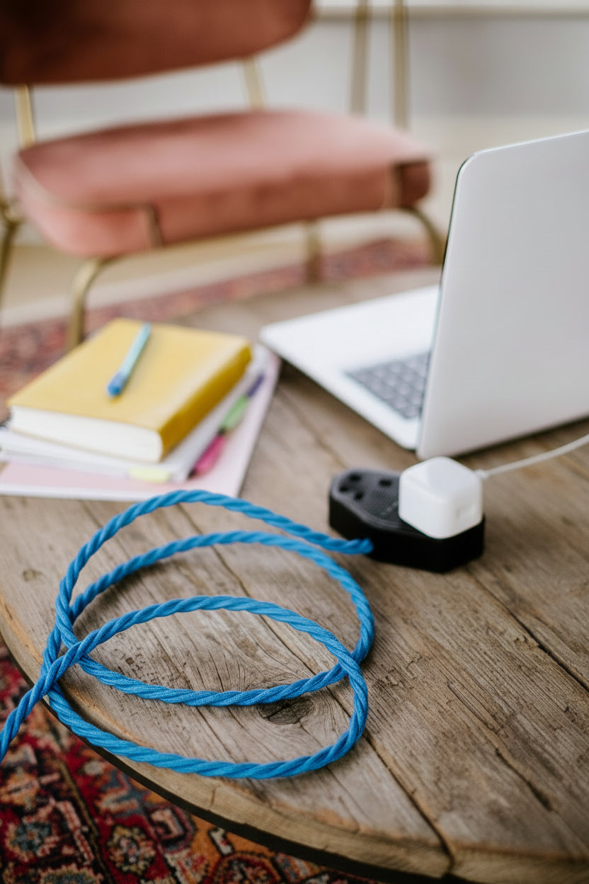 vintage blue extension cable on rustic table leading to a laptop with pink chair in background