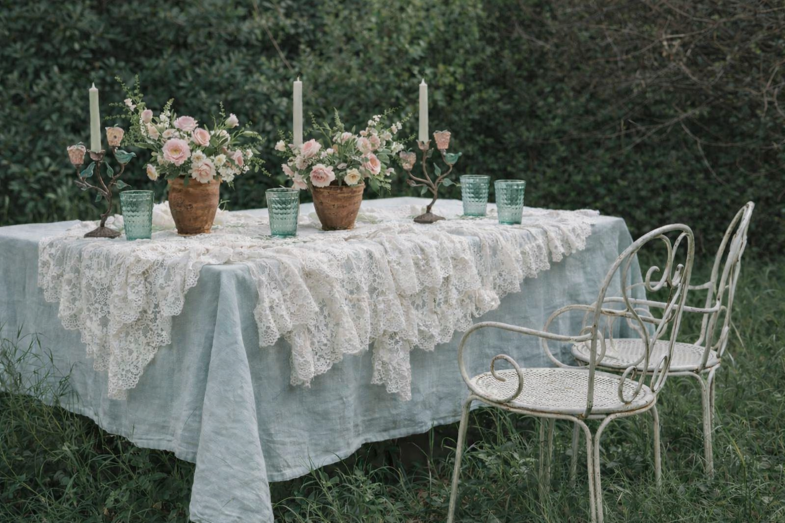 Outdoor summer table setting with mint linen, lace, old terracotta pots and metal bird candle holders , and French cream metal scrolled chairs in grass