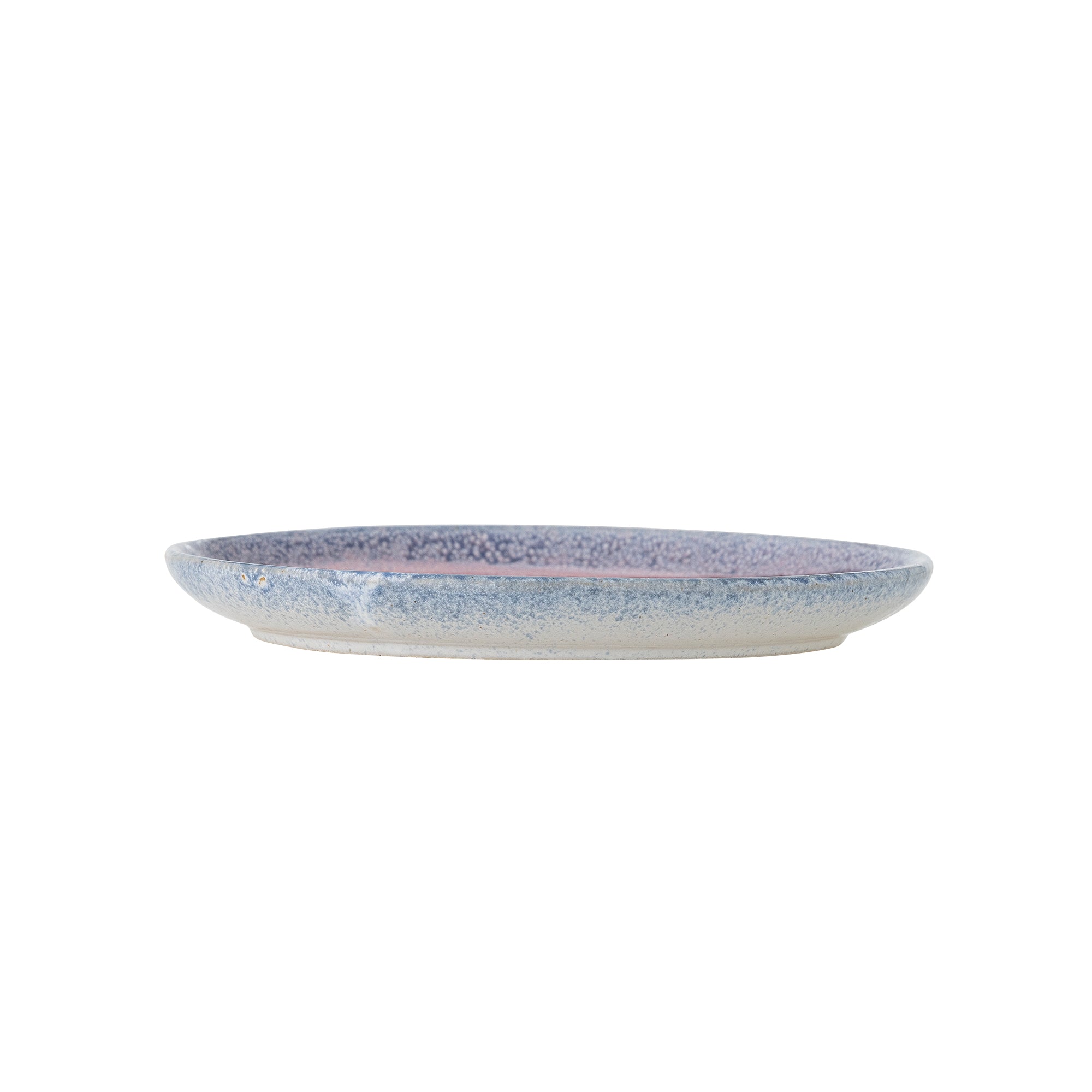 Ceramic plate with blue speckled pattern on a white background