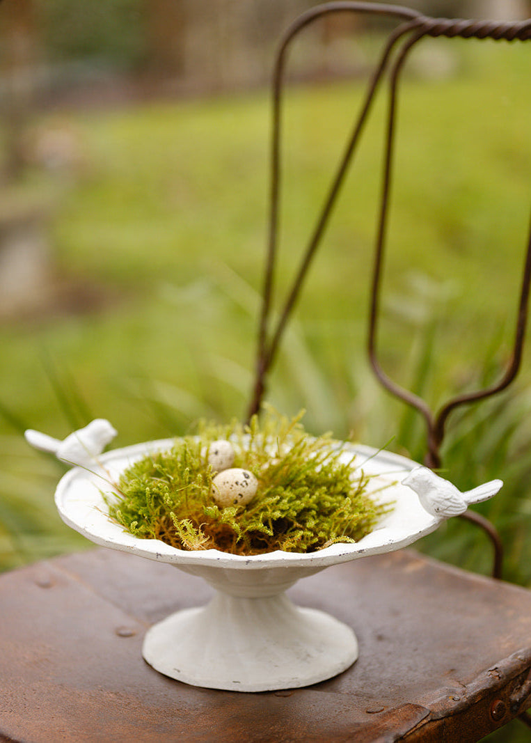 Decorative arrangement with moss and eggs on a white pedestal in front of a rustic chair outdoors.