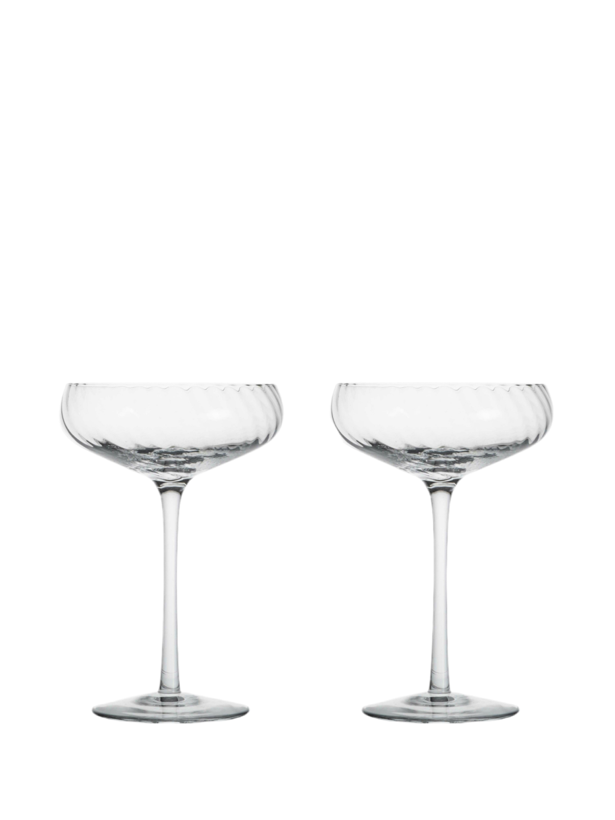 Two champagne glasses with twisted design on white background