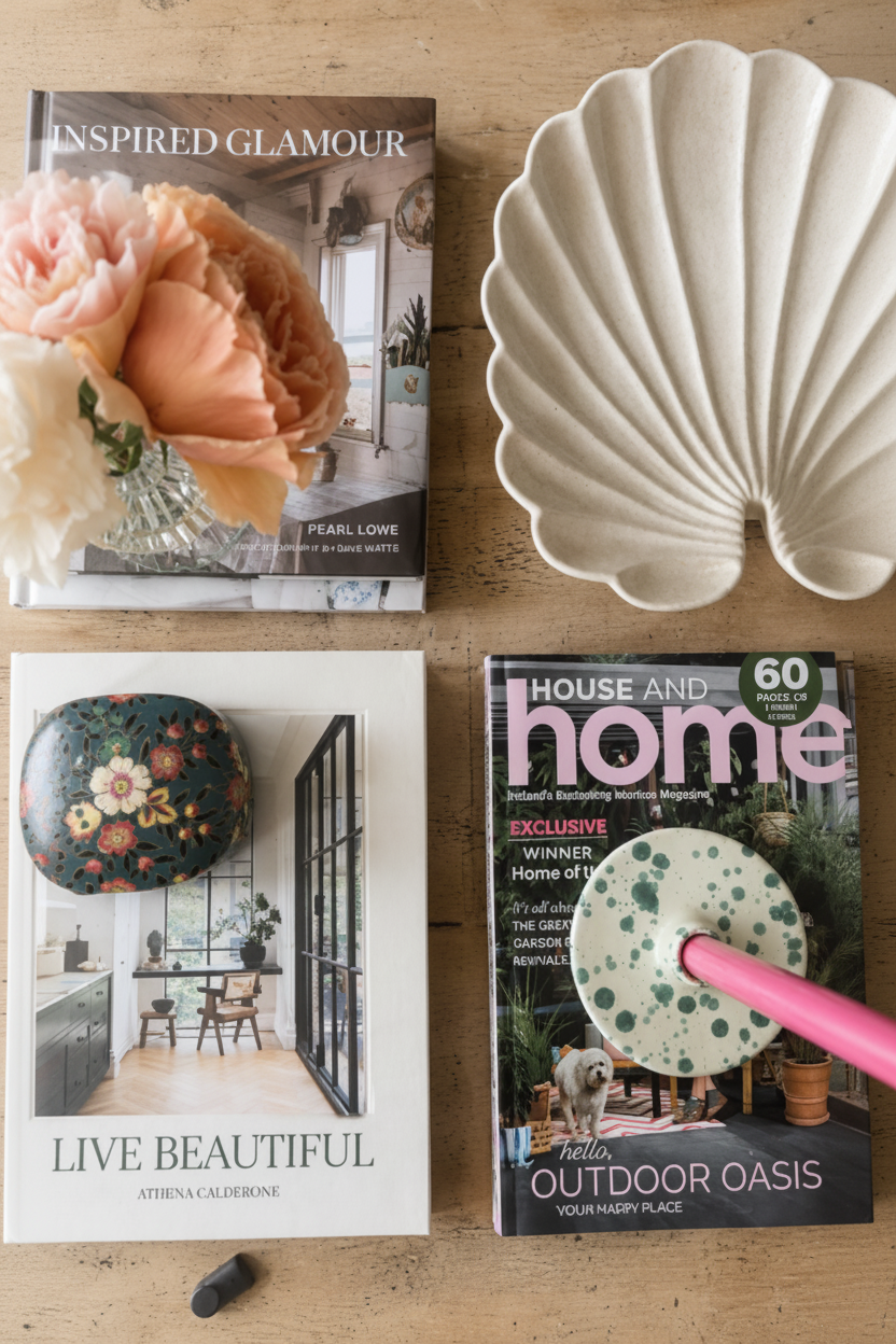 A styled flat-lay on a light wood surface featuring a white scalloped shell-shaped ceramic dish, three magazines (Inspired Glamour, Live Beautiful, and House and Home), and a small black accessory.
