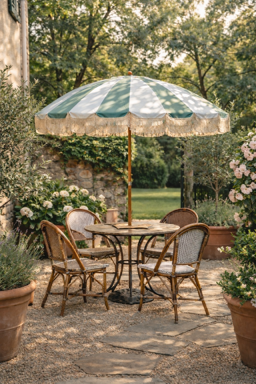 Large Vintage Striped Parasol with Fringe, Pistachio - Amber + Willow