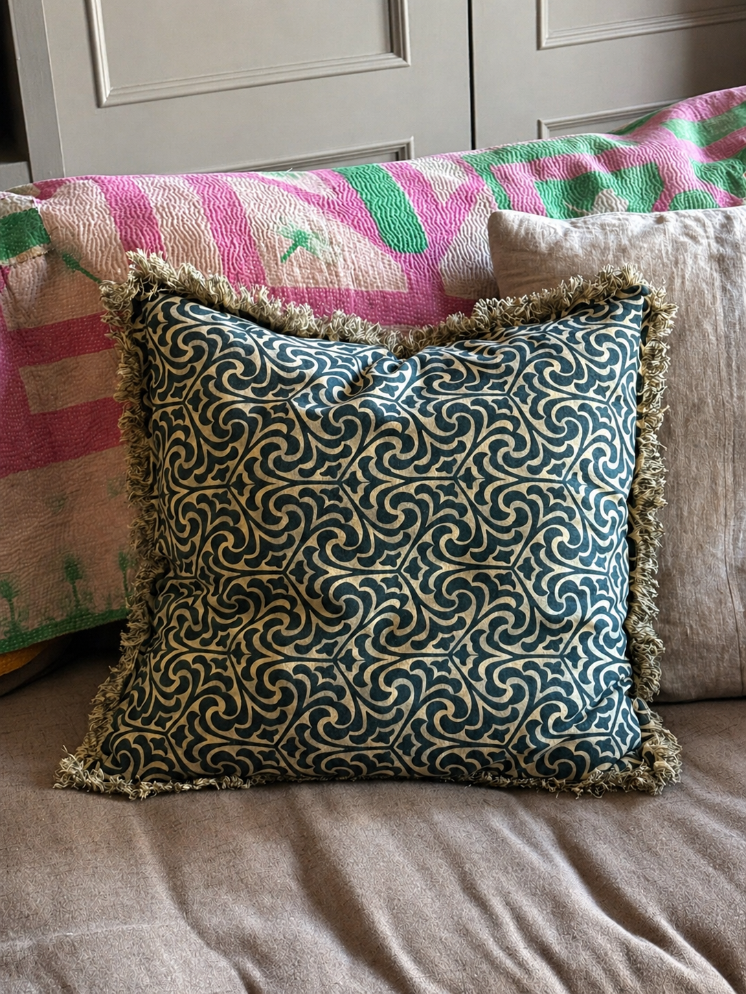 Teal Block-Print Cotton Cushion Cover with Fringe