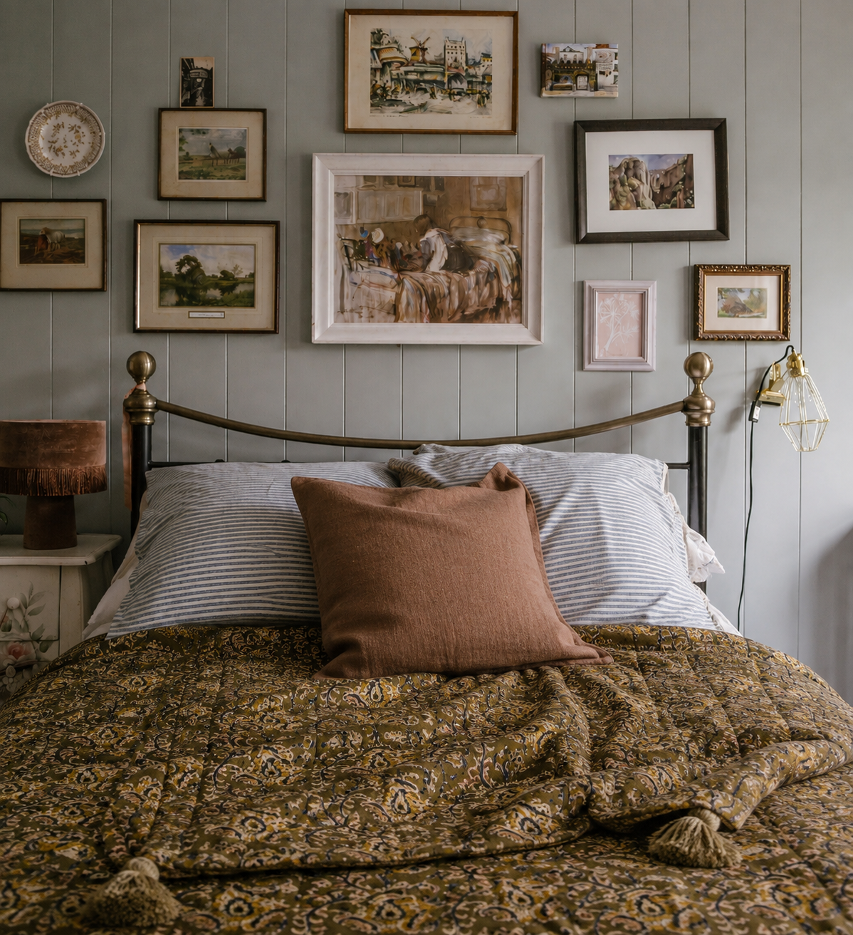 Olive Floral Printed Cotton Throw With Tassels