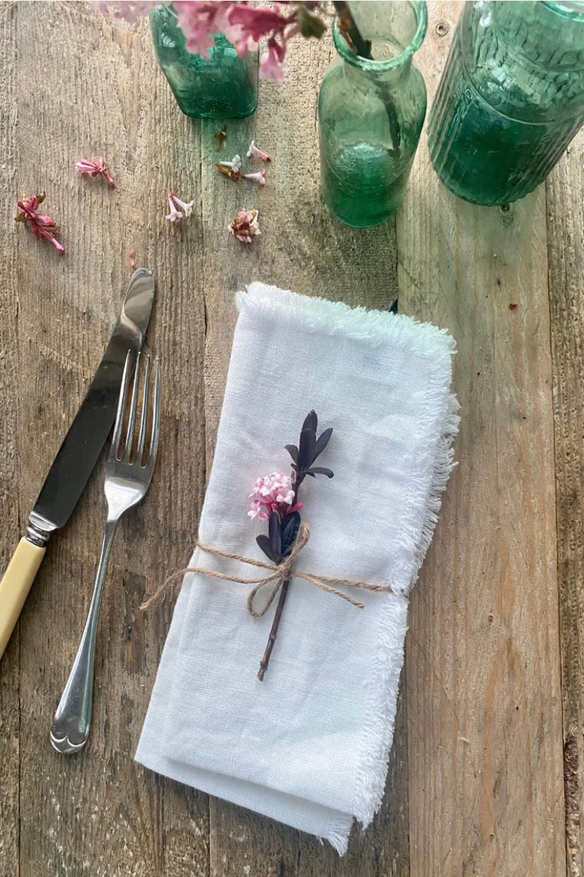 Pair Of White Linen Napkins With Fringes