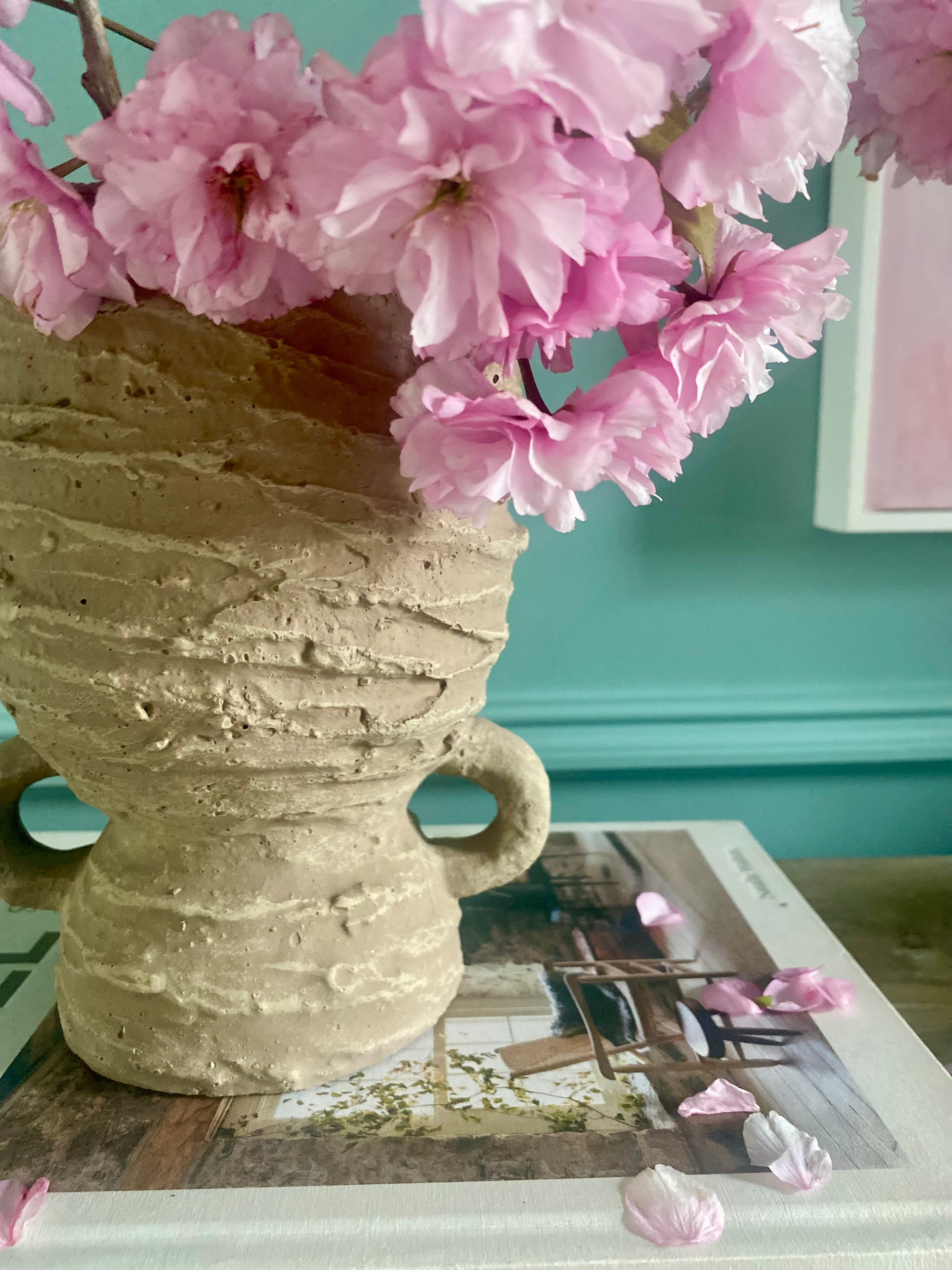 Textured Cement Vase with Handles