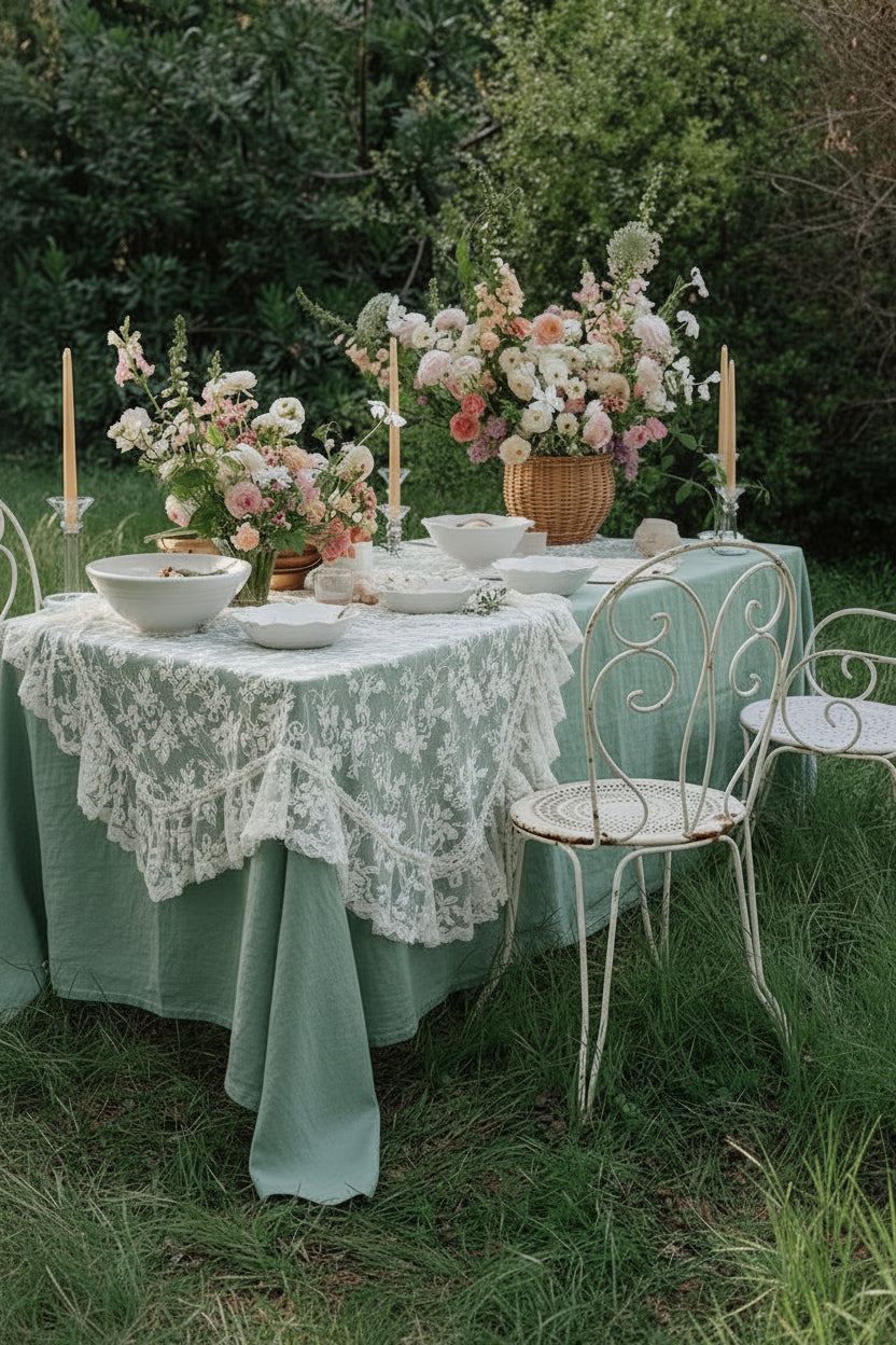 Outdoor table setting with lace tablecloth draped over duck egg blue linen tablecloth, floral arrangements in rattan vases, and old French scrolled metal white chairs in a garden.